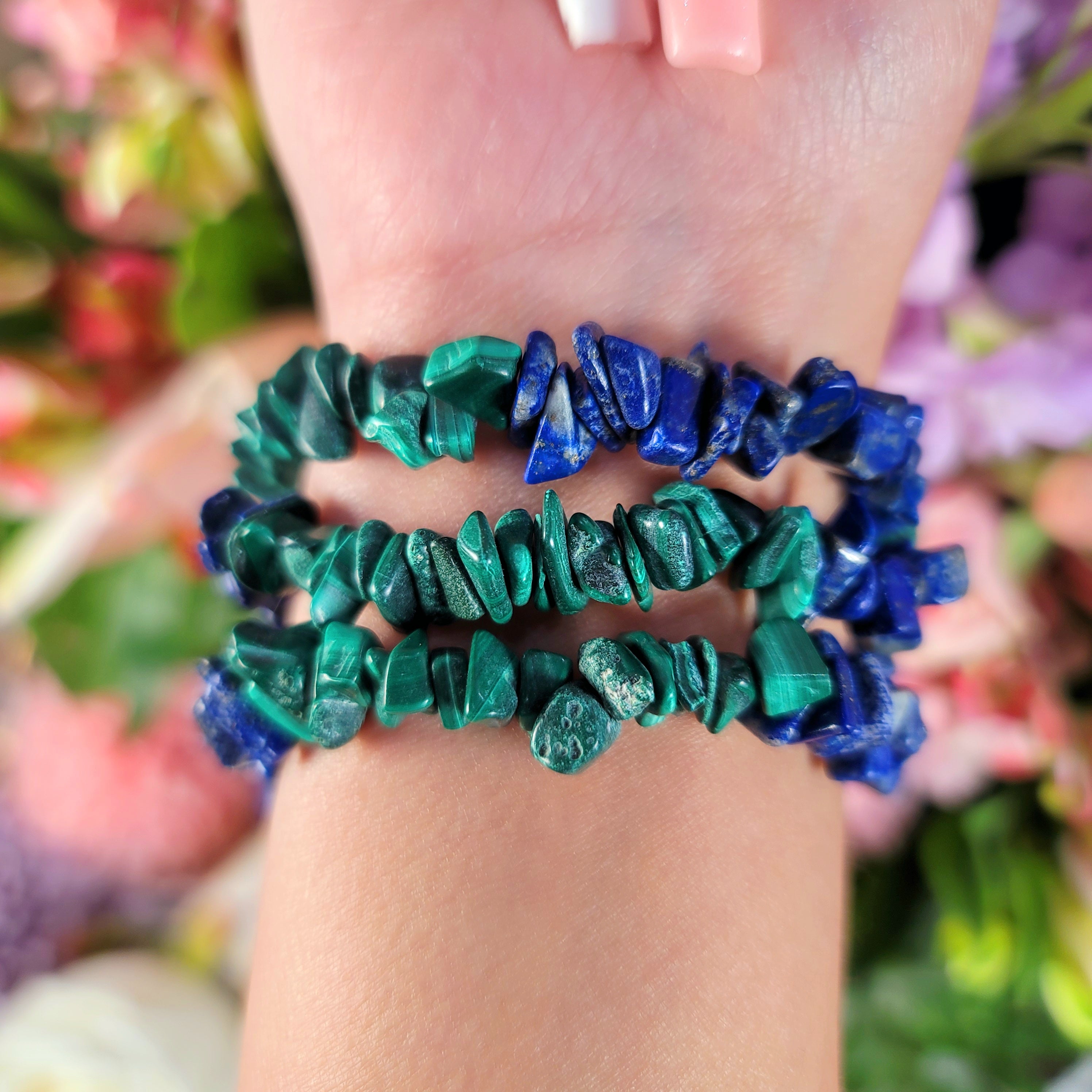 Malachite & Lapis Lazuli Chip Bracelet for Connection with Higher Goddess and Clear Mind and Protection