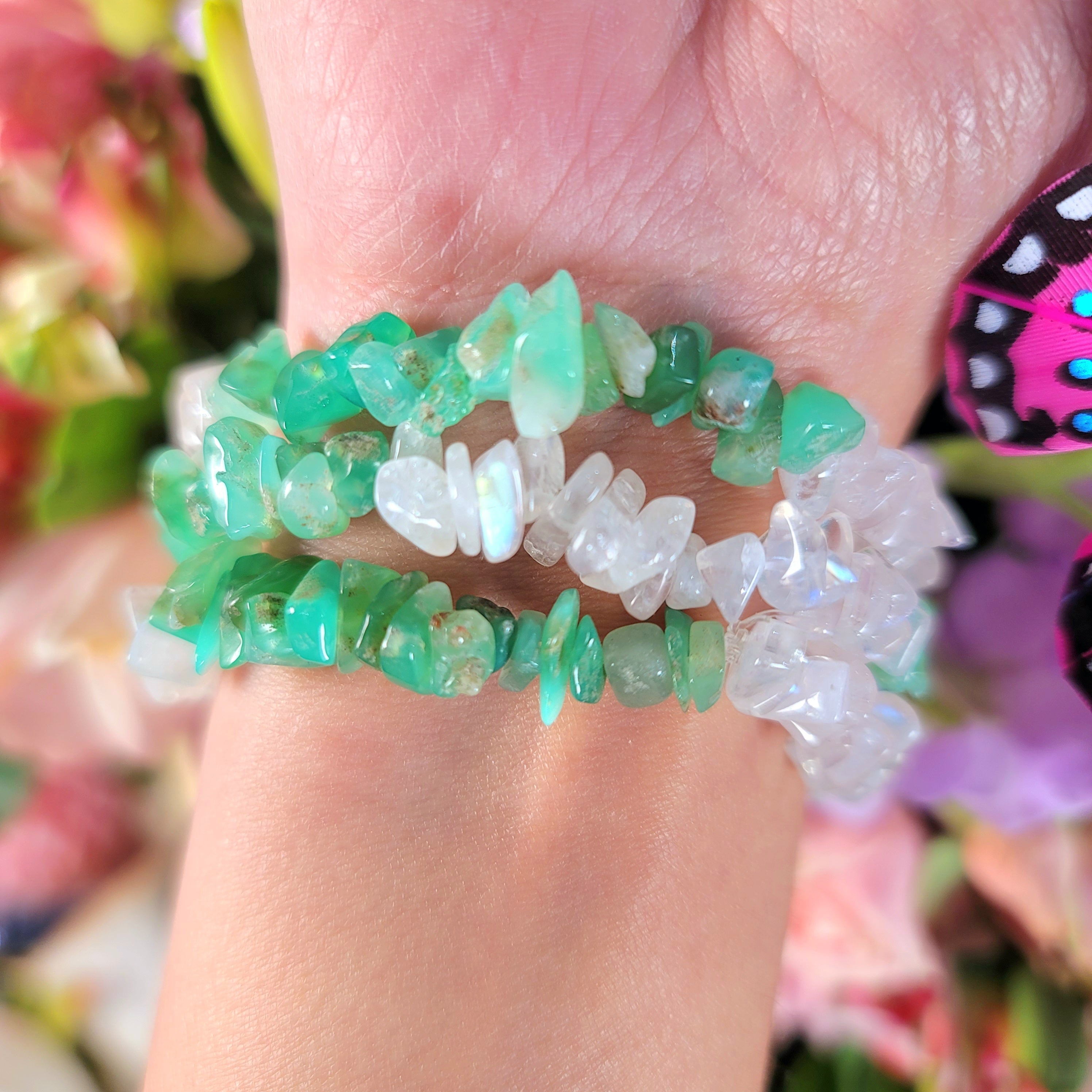Chrysoprase & Rainbow Moonstone Chip Bracelet for Healing, Hope, Growth and Rebirth