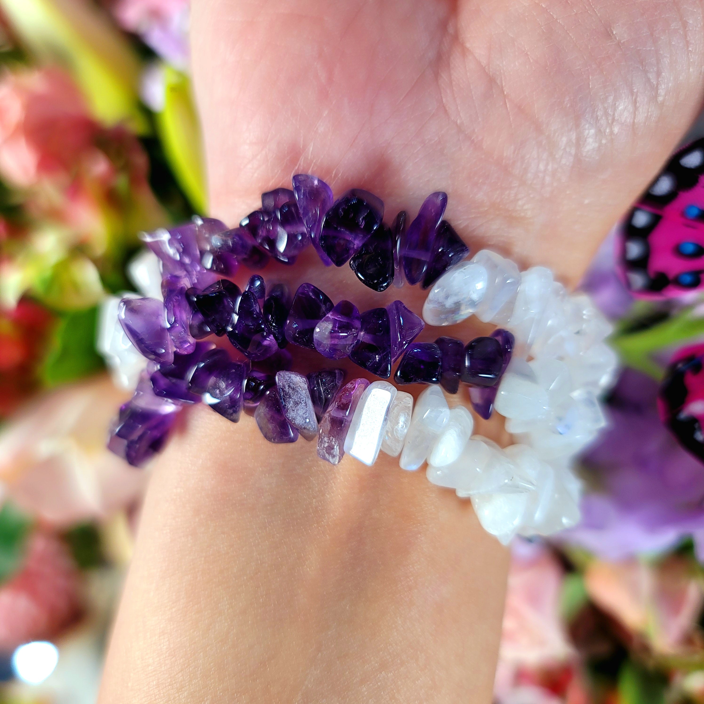Amethyst & Rainbow Moonstone Chip Bracelet for Calmness and Clarity to the Mind