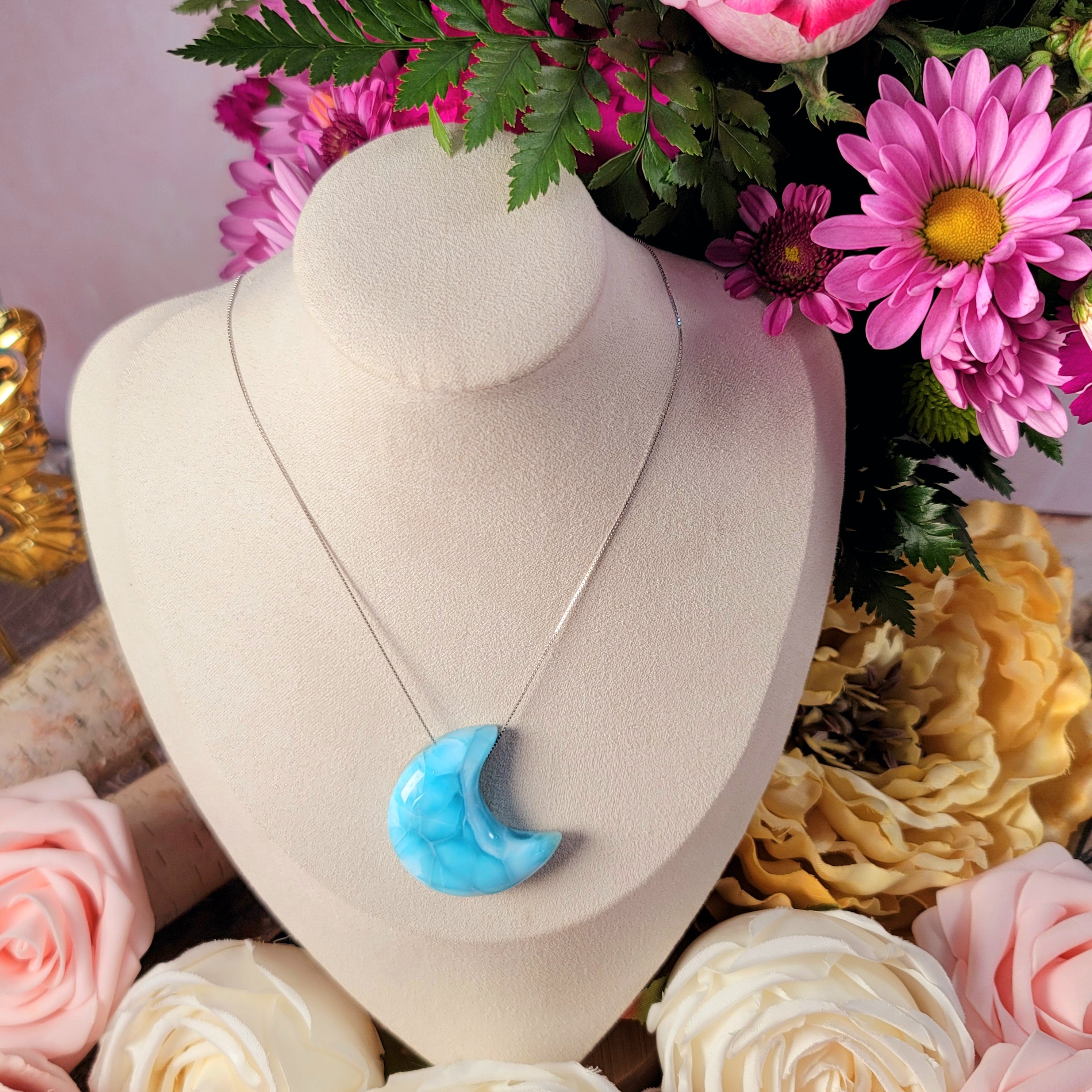 Larimar Moon Carving Necklace .925. Silver for Connecting you to your Inner Divine Moon Goddess