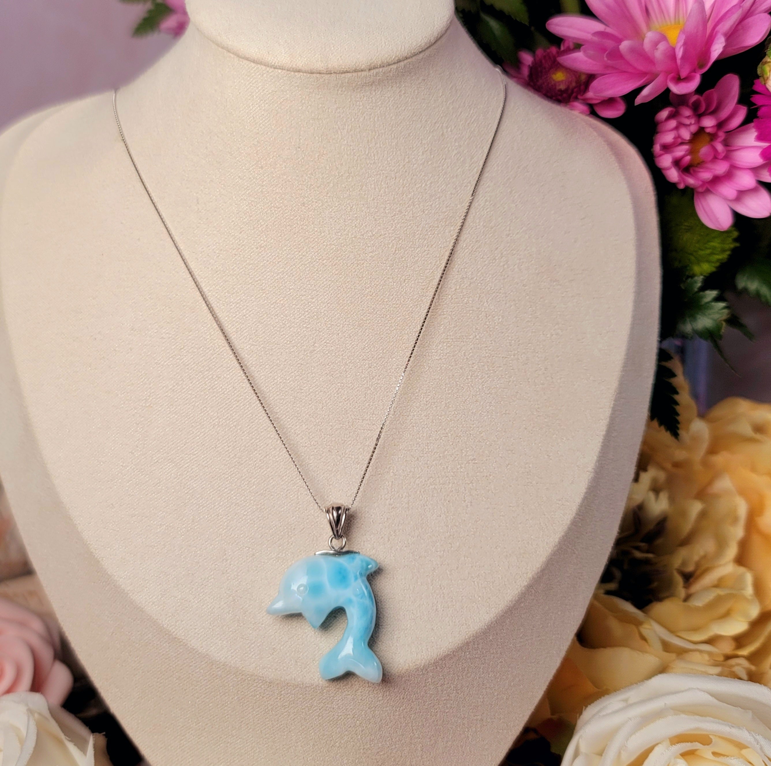 Larimar Dolphin Carving Necklace .925. Silver for Connection with the Divine Feminine in You