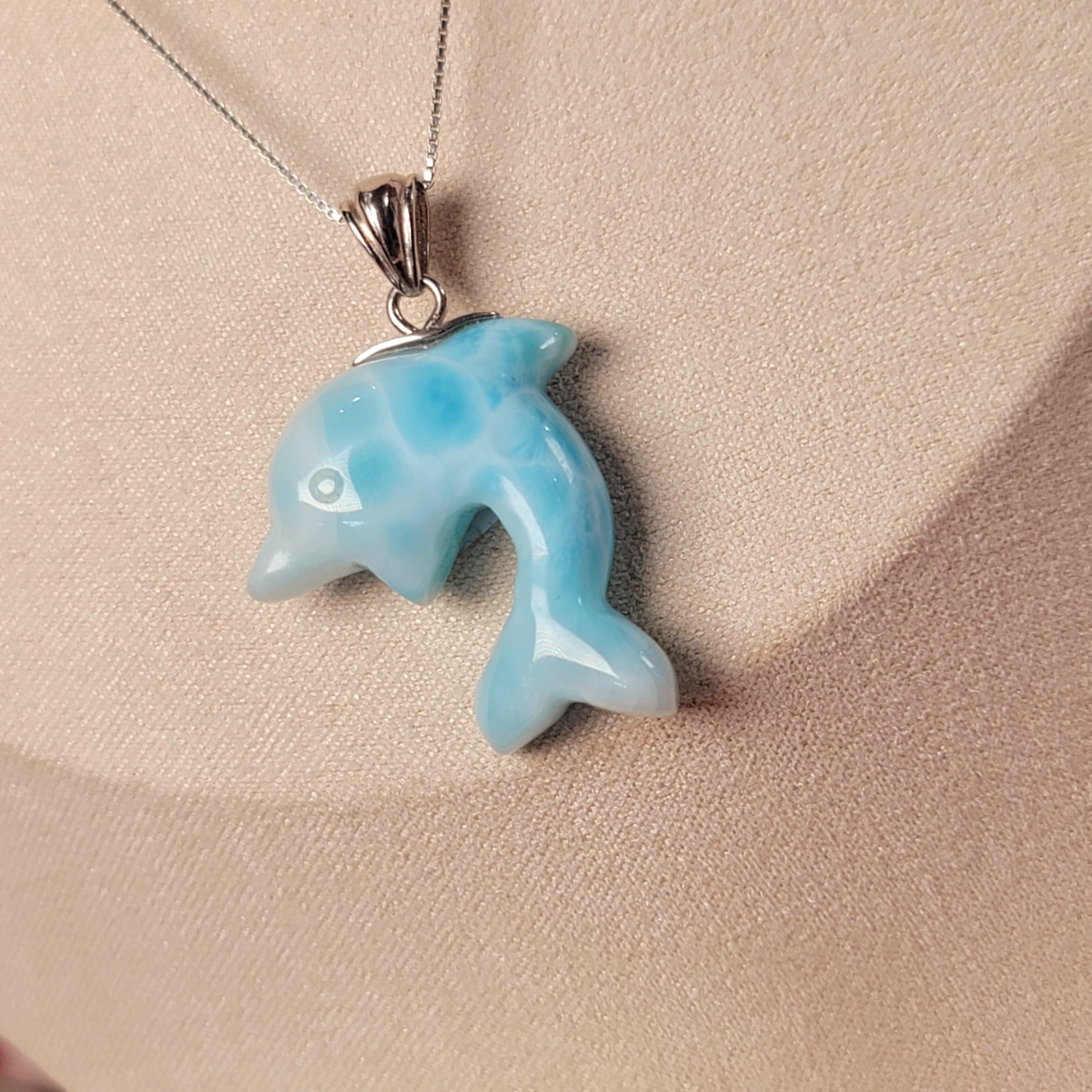 Larimar Dolphin Carving Necklace .925. Silver for Connection with the Divine Feminine in You