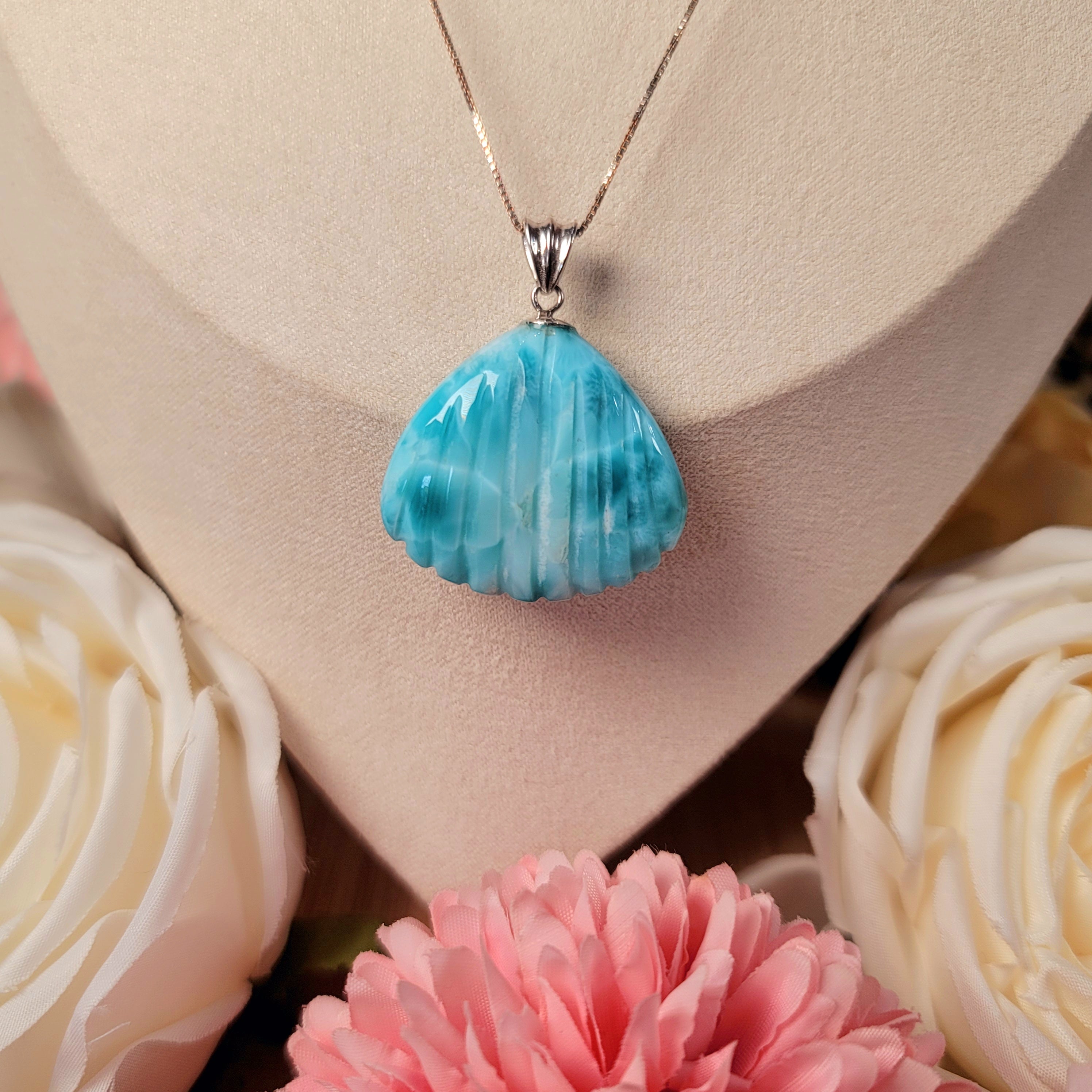 Larimar Sea Shell Carving Necklace .925. Silver for Connecting you to Mother Earth's Divine Treasures