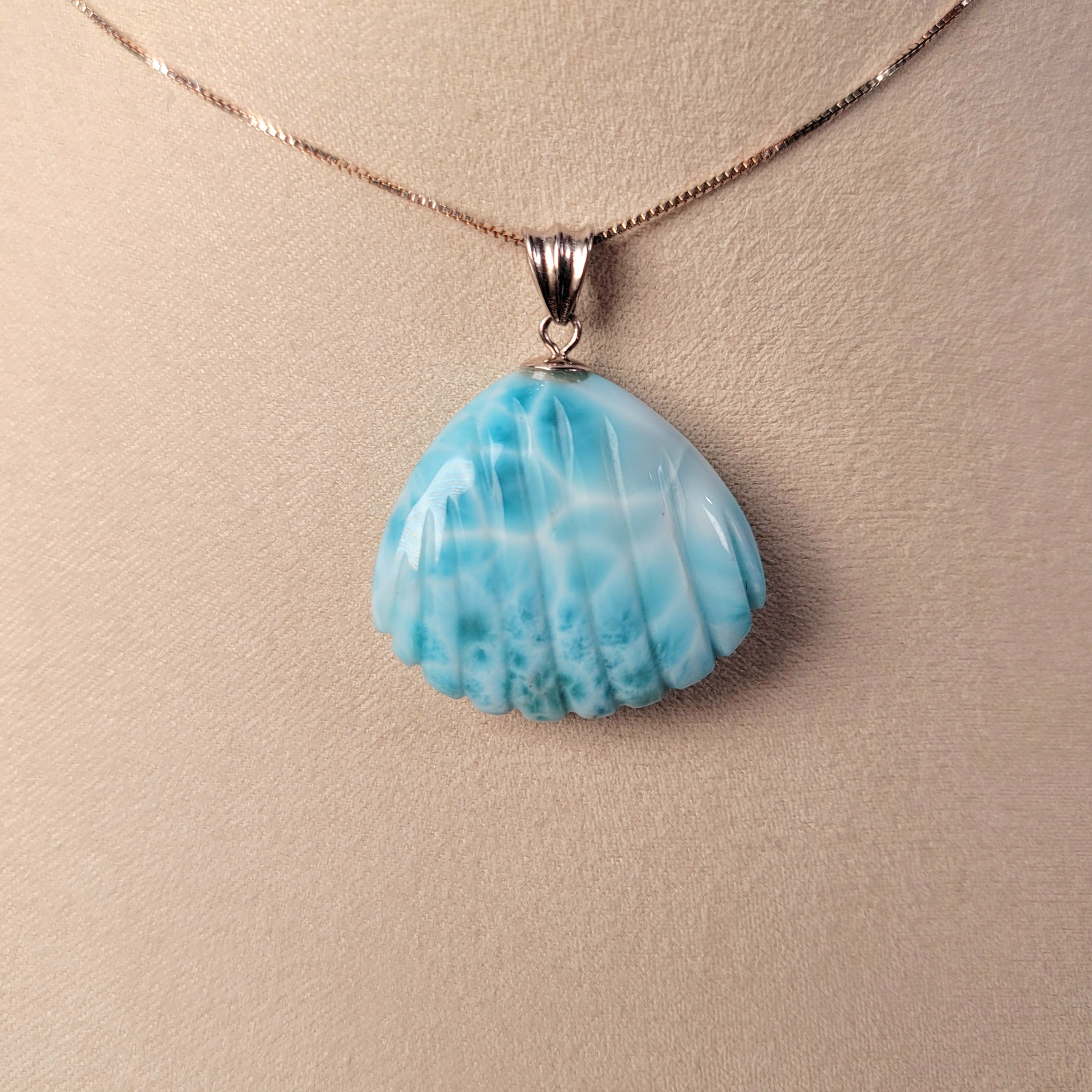 Larimar Sea Shell Carving Necklace .925. Silver for Connecting you to Mother Earth's Divine Treasures
