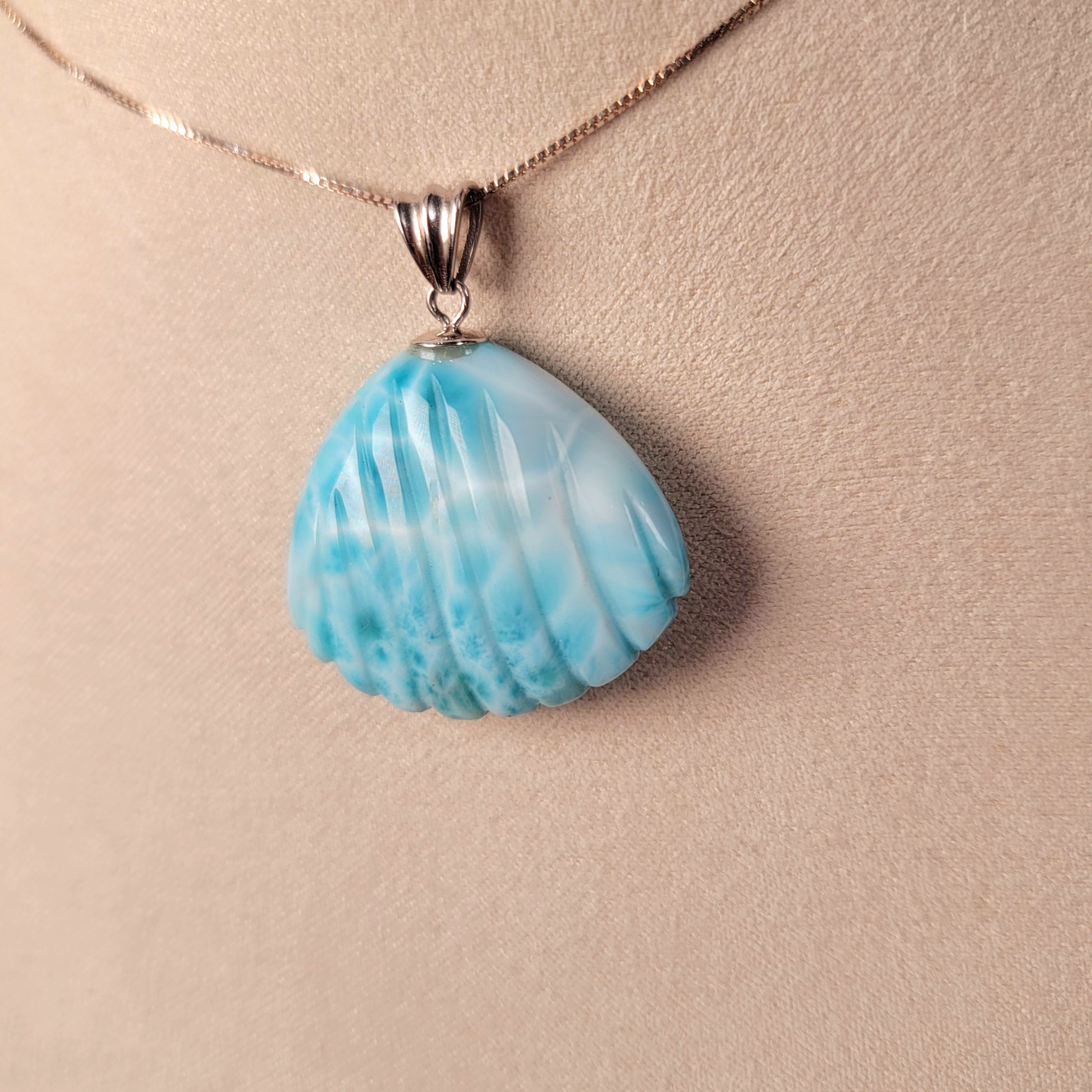 Larimar Sea Shell Carving Necklace .925. Silver for Connecting you to Mother Earth's Divine Treasures