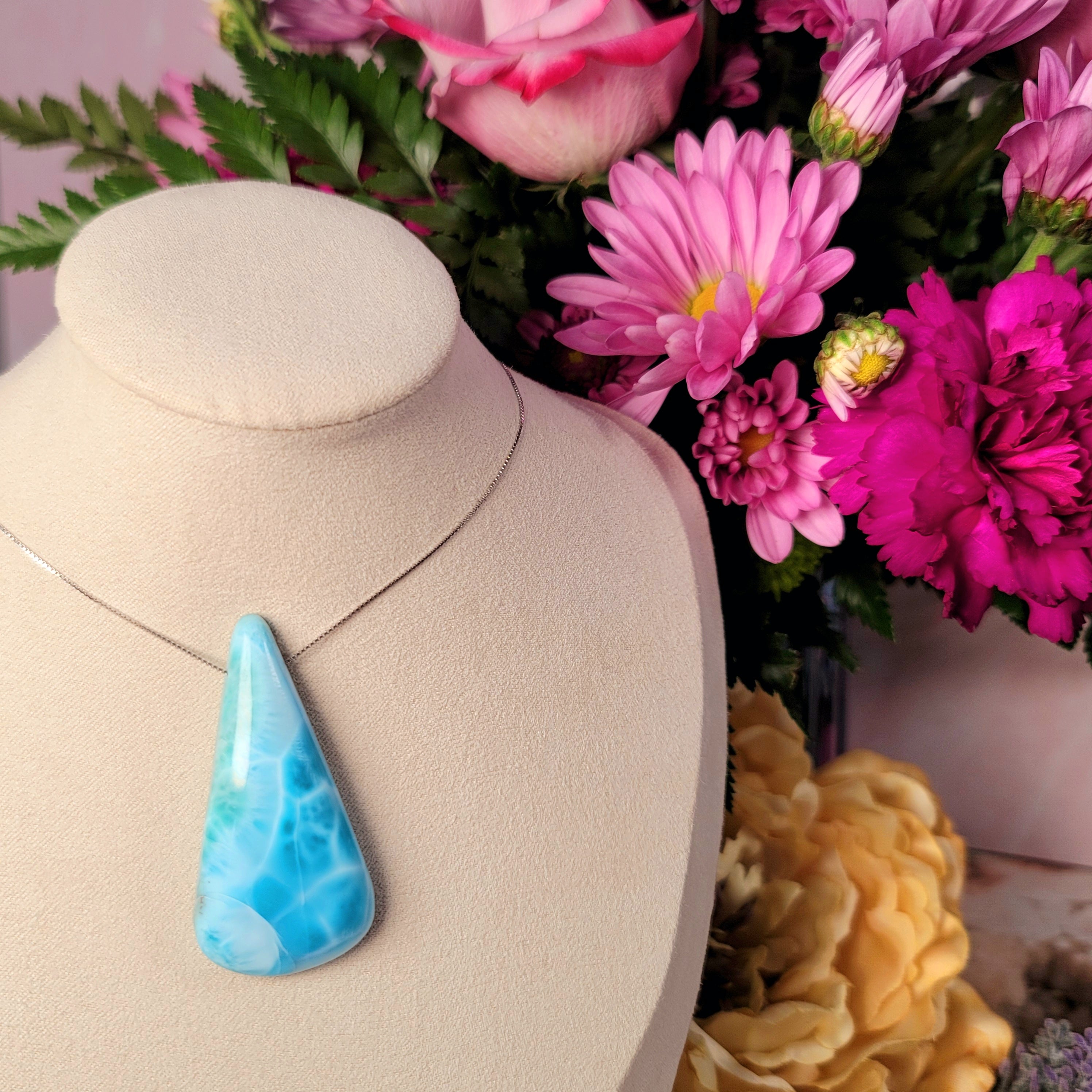 Larimar Teardrop Carved Necklace .925. Silver for Manifesting your Higher Purpose