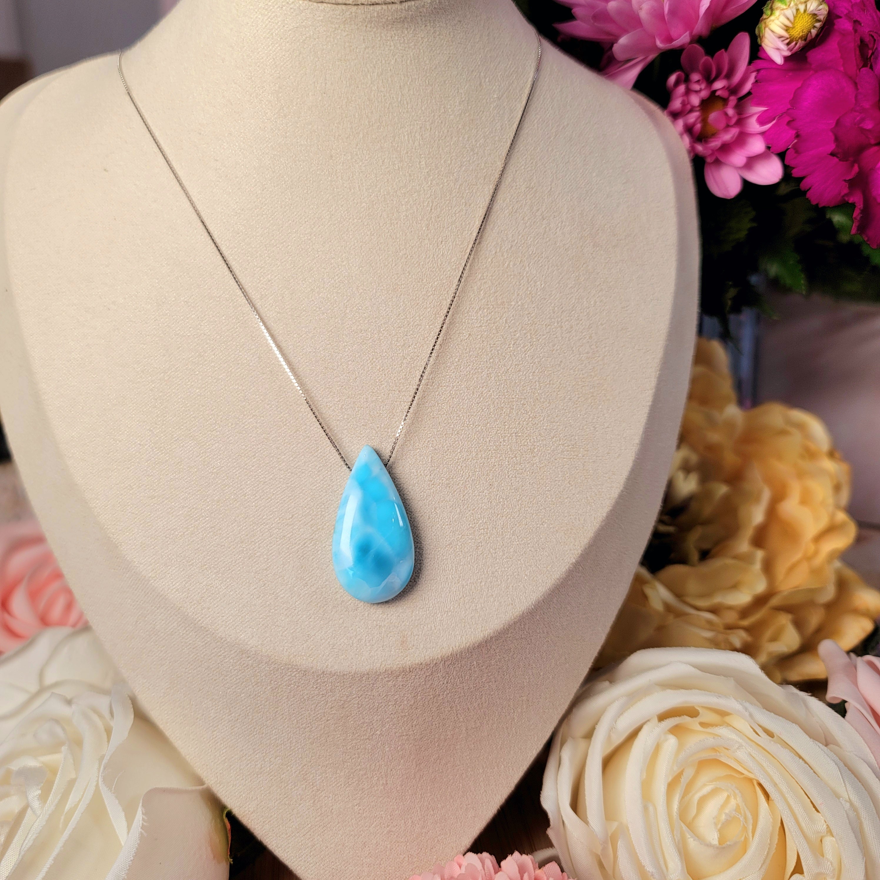 Larimar Teardrop Carved Necklace .925. Silver for Manifesting your Higher Purpose