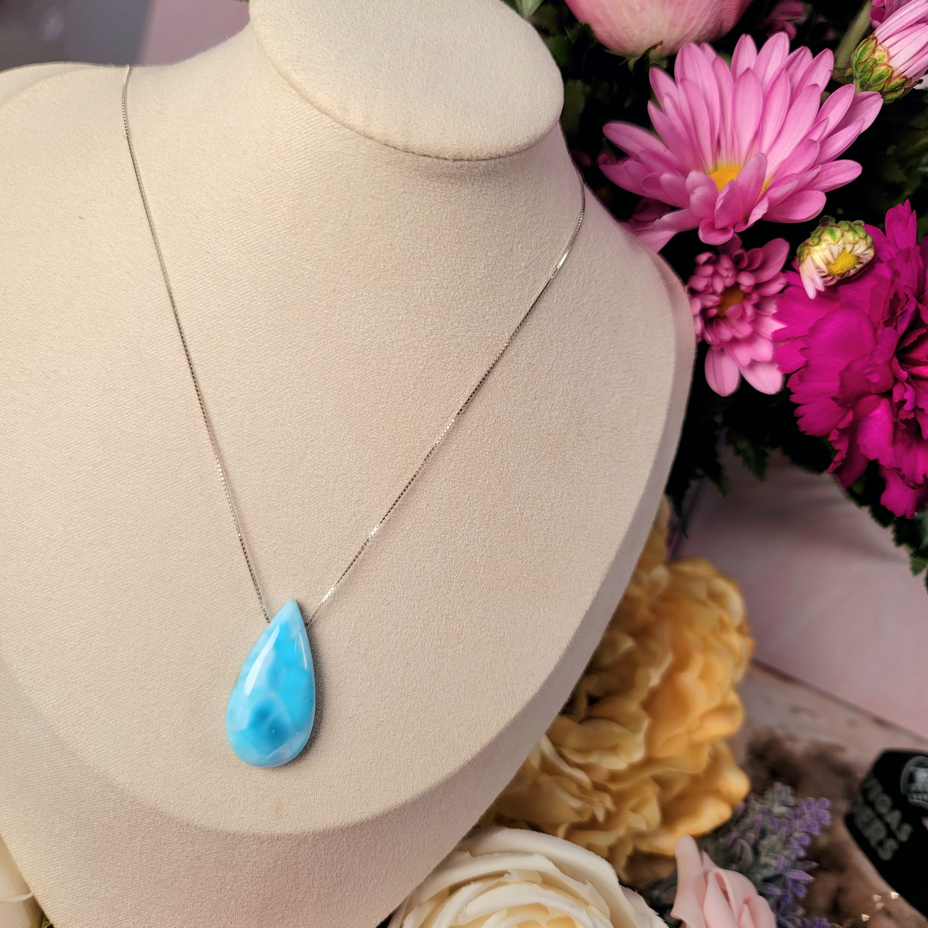Larimar Teardrop Carved Necklace .925. Silver for Manifesting your Higher Purpose