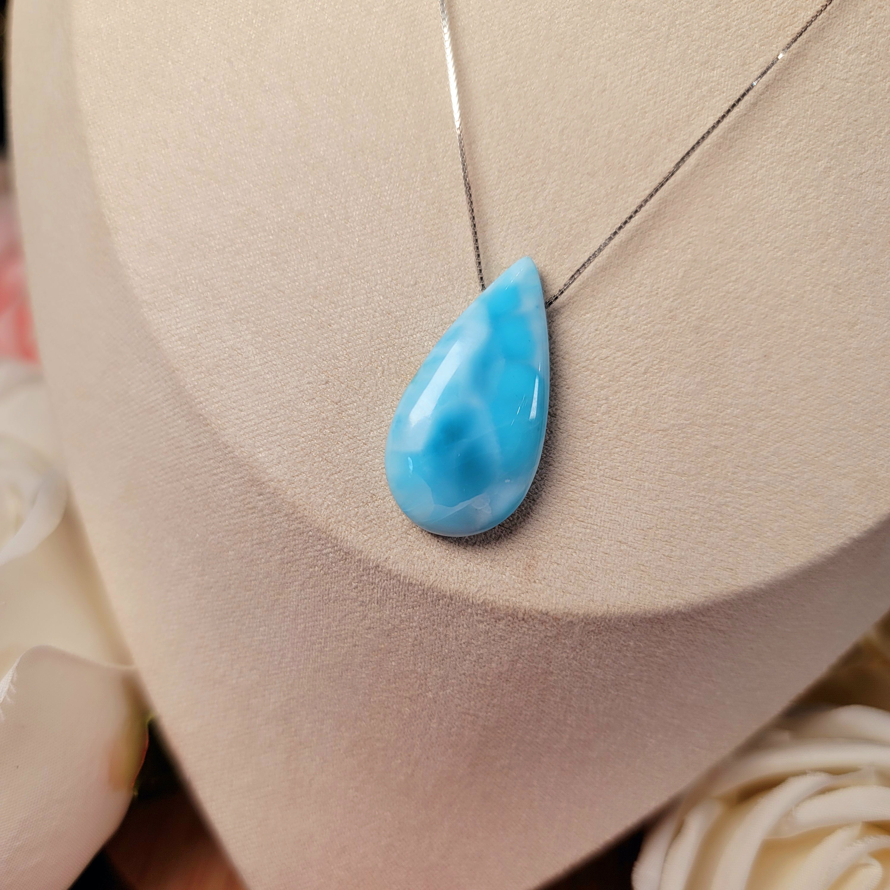 Larimar Teardrop Carved Necklace .925. Silver for Manifesting your Higher Purpose