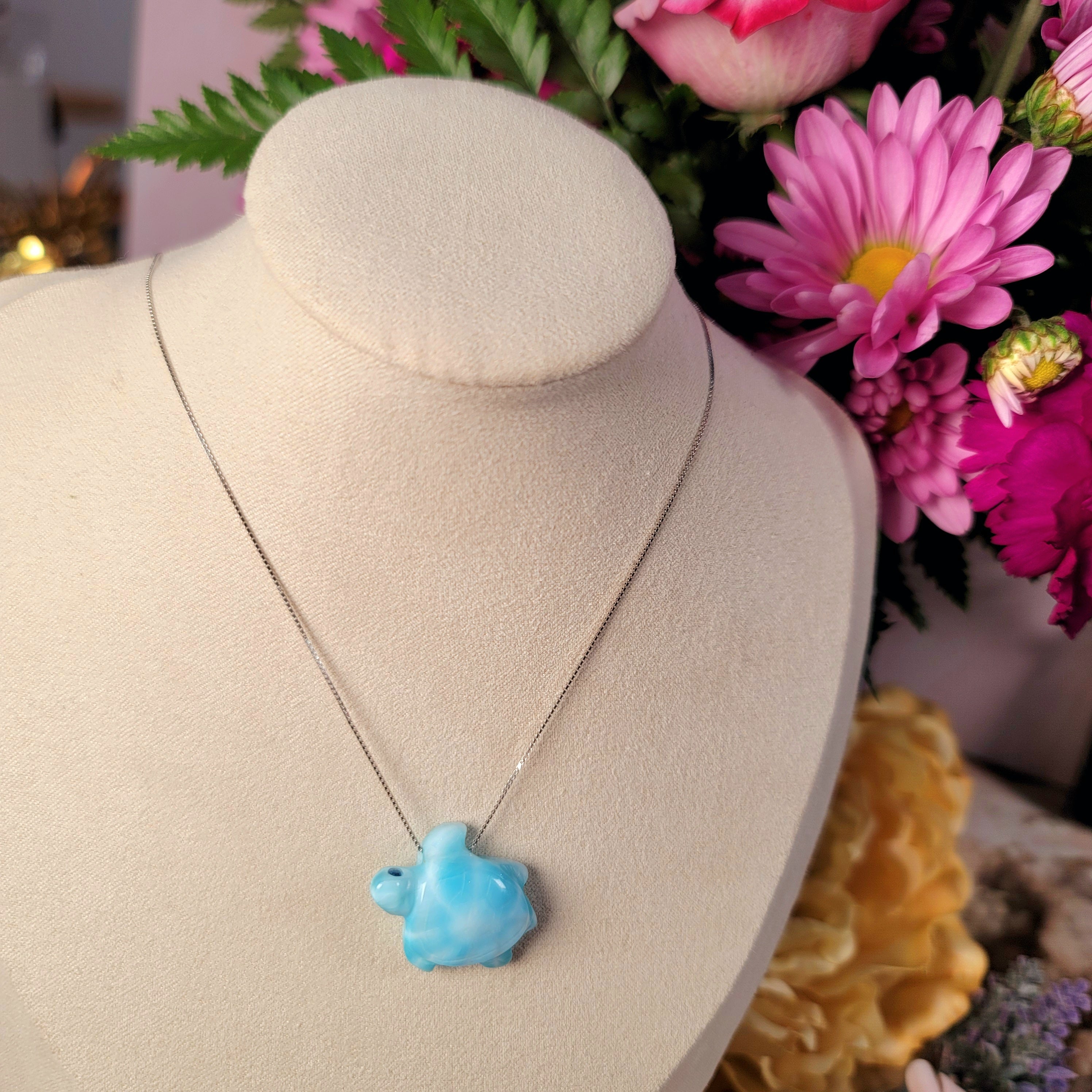 Larimar Turtle Carving Necklace .925. Silver for Divine Knowledge and Manifestation