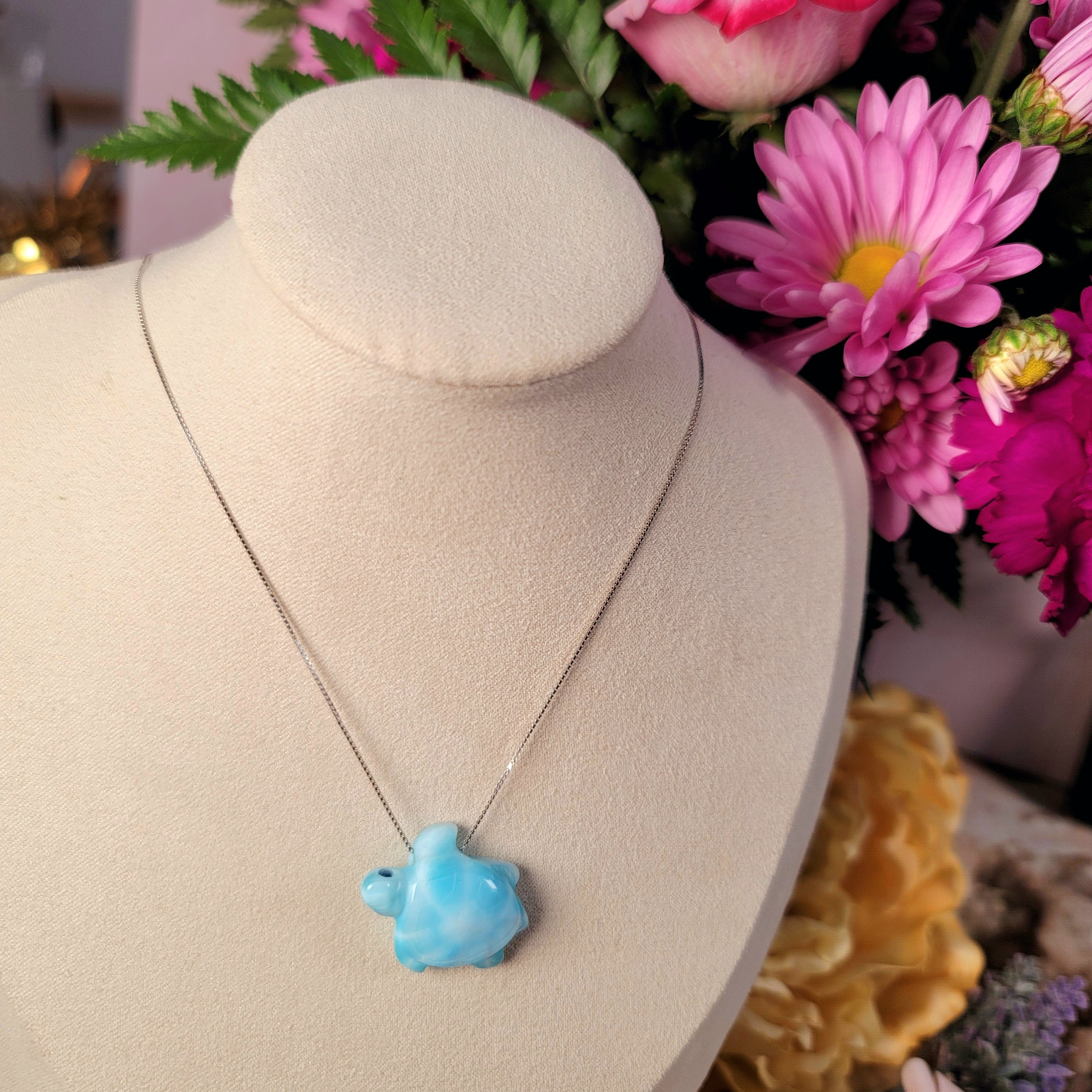 Larimar Turtle Carving Necklace .925. Silver for Divine Knowledge and Manifestation