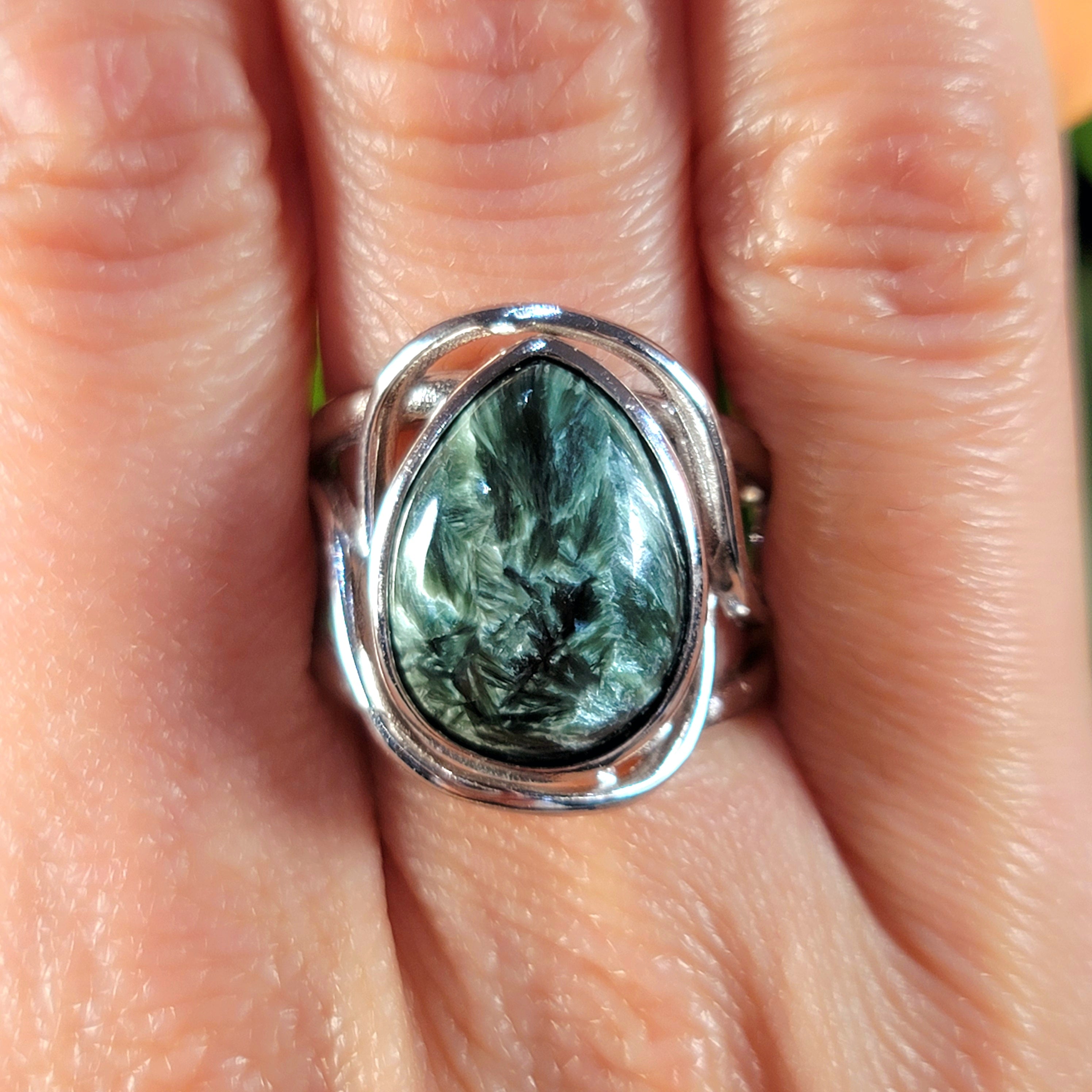 Seraphinite Finger Cuff Adjustable Ring .925 Silver for Harmony, Enhanced Meditation and Regeneration