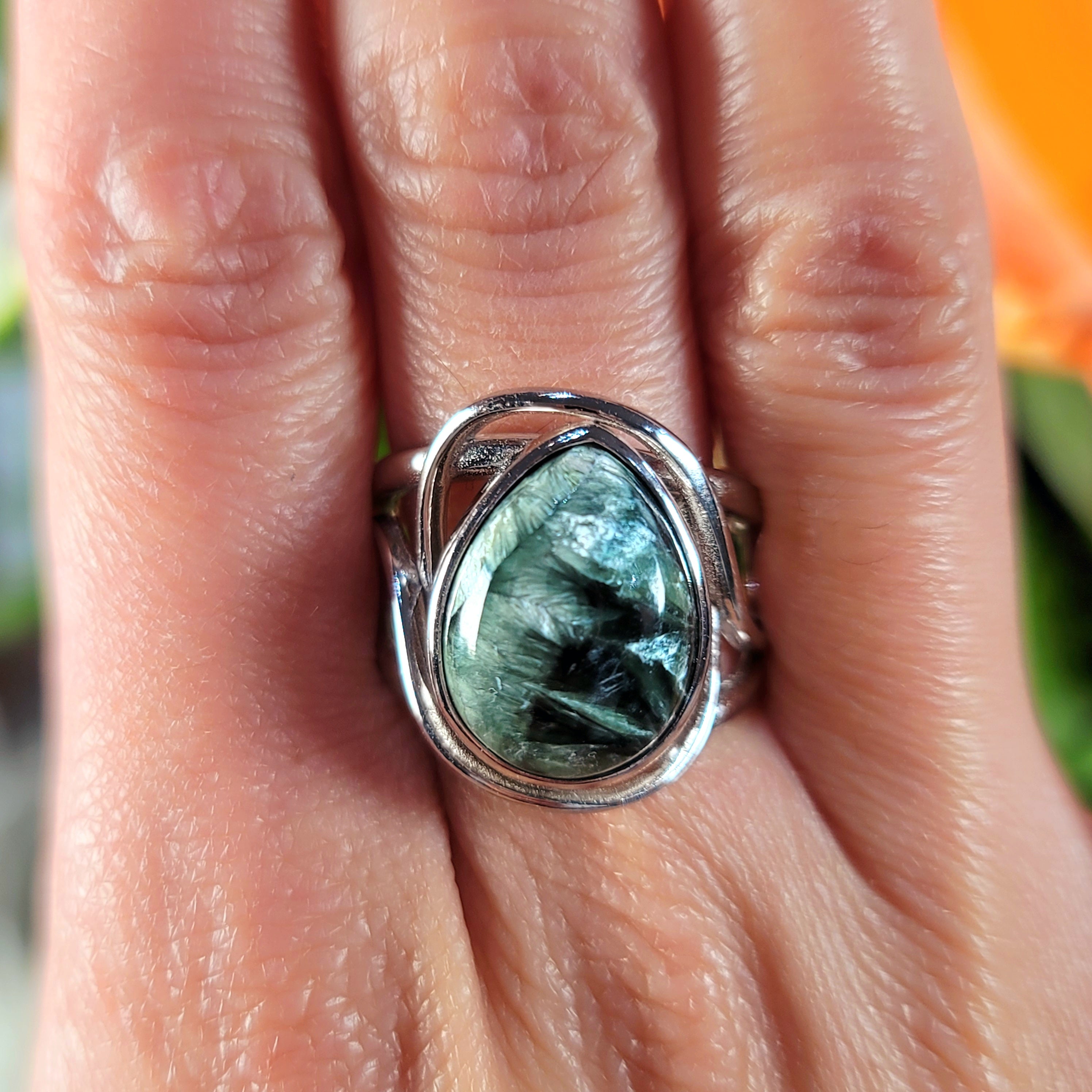 Seraphinite Finger Cuff Adjustable Ring .925 Silver for Harmony, Enhanced Meditation and Regeneration
