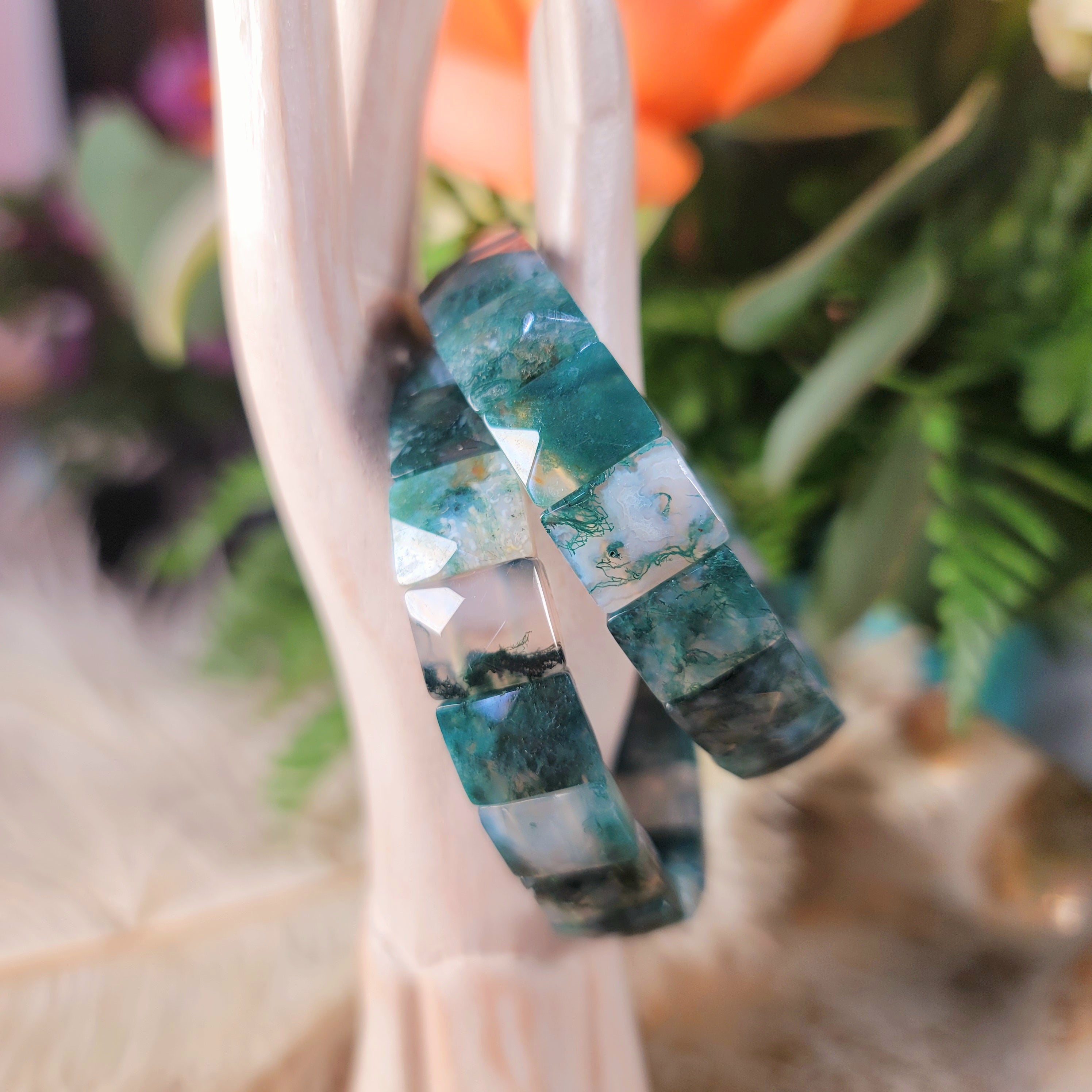 Moss Agate Stretchy Bangle Bracelet for Bringing Your Dreams to Reality, Grounding and Healing