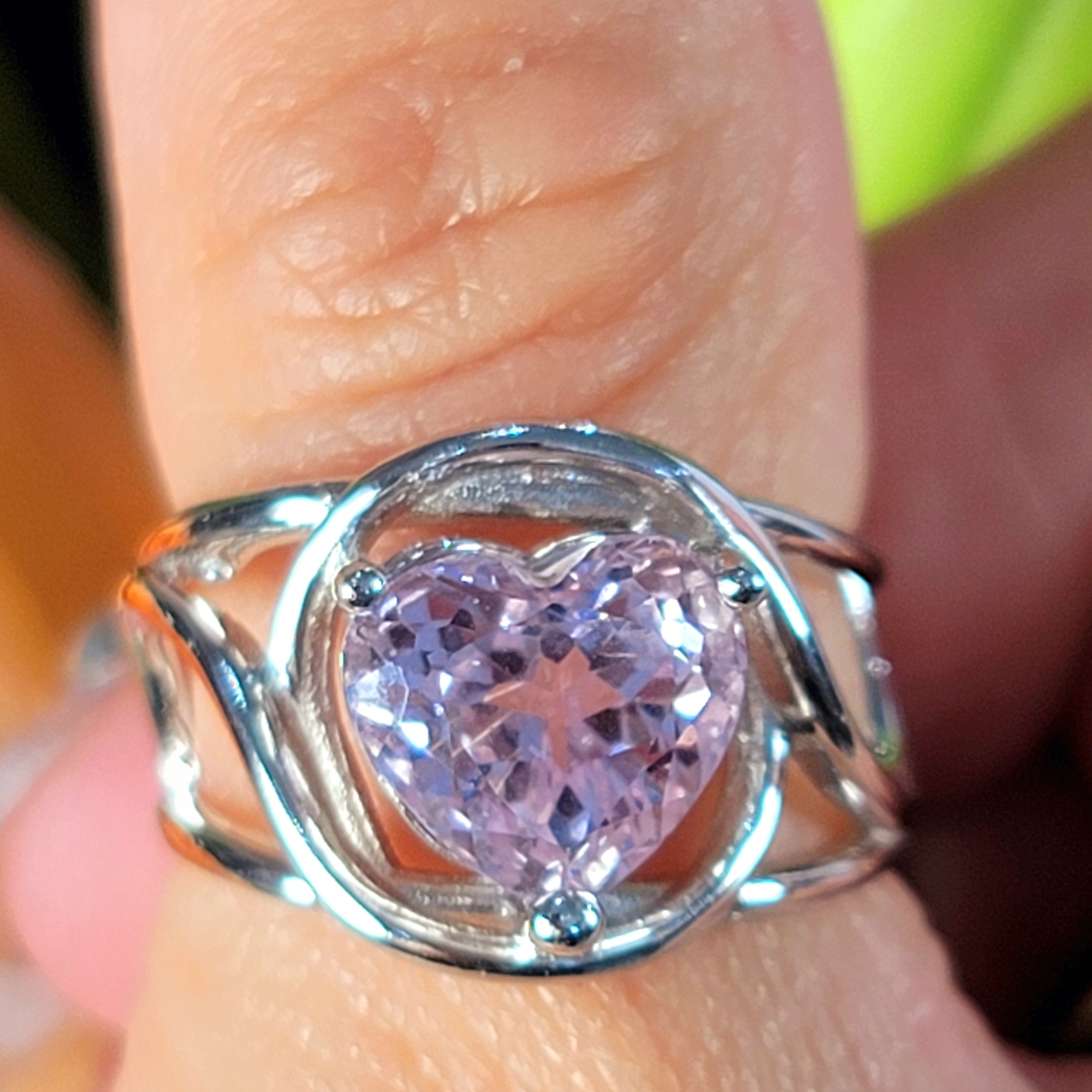 Gem Kunzite Heart Finger Cuff Adjustable Ring .925 Silver for Emotional Healing, Joy and Love
