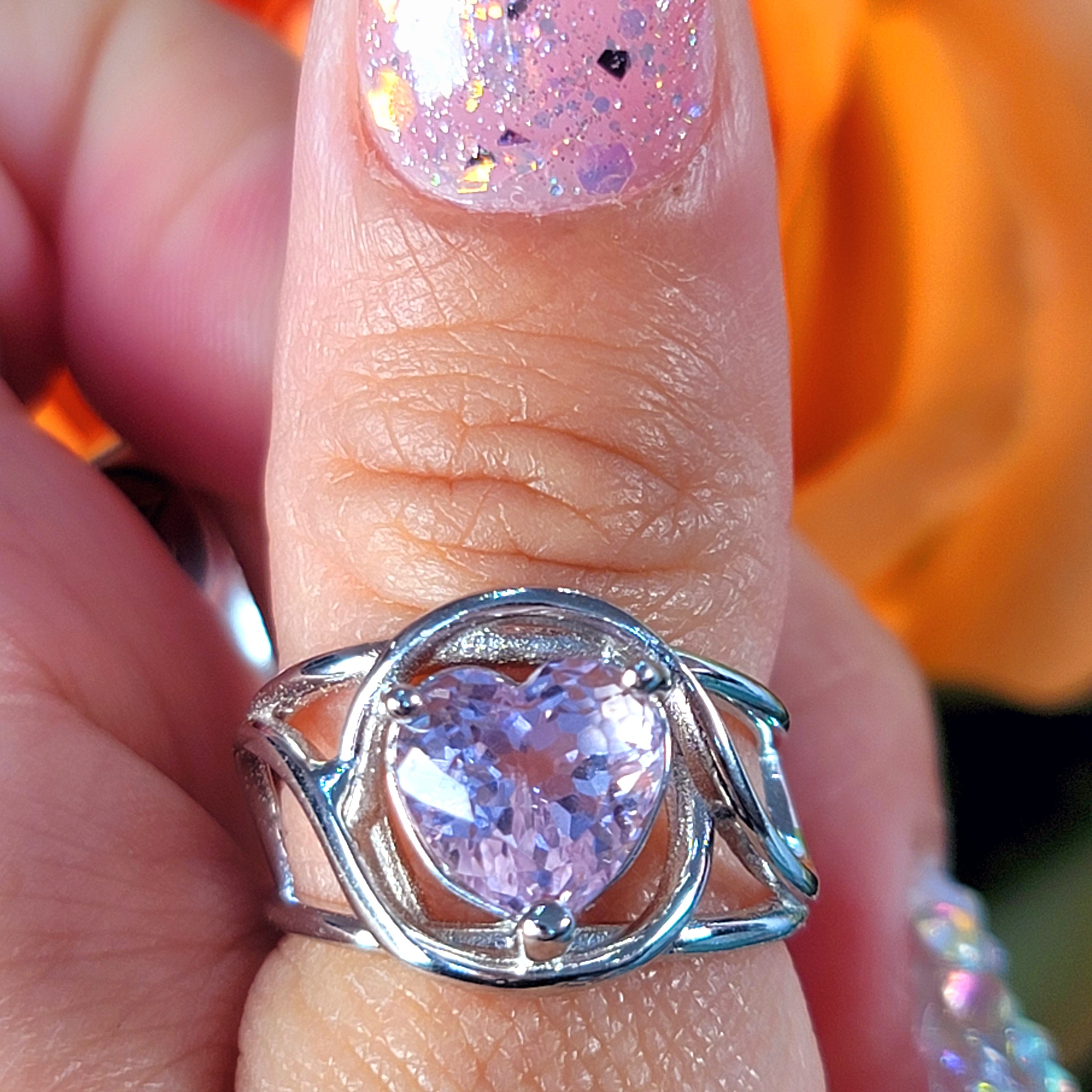 Gem Kunzite Heart Finger Cuff Adjustable Ring .925 Silver for Emotional Healing, Joy and Love
