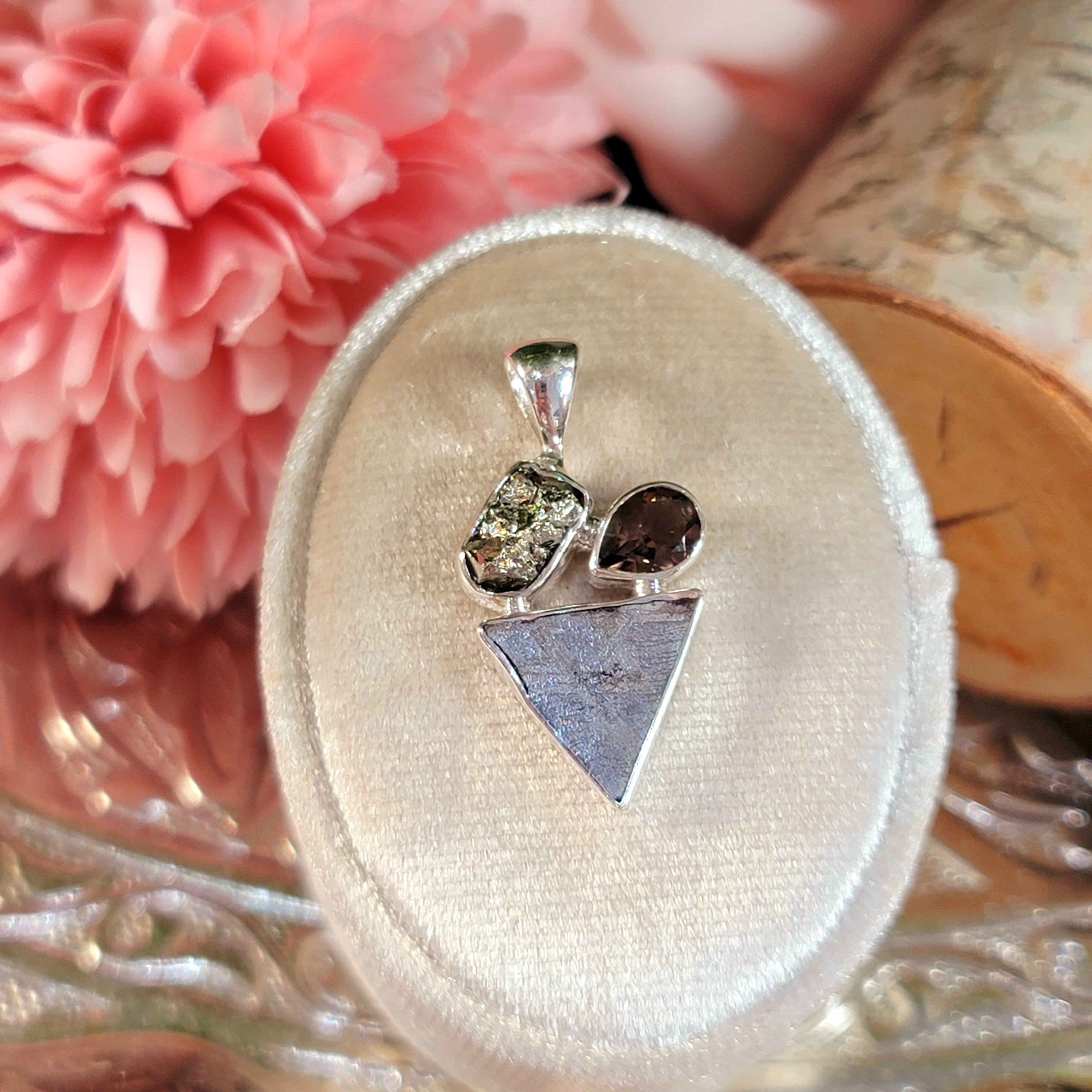 Meteorite, Pyrite & Smokey Quartz Pendant .925 Sterling Silver for Prosperity and Protection on your Path