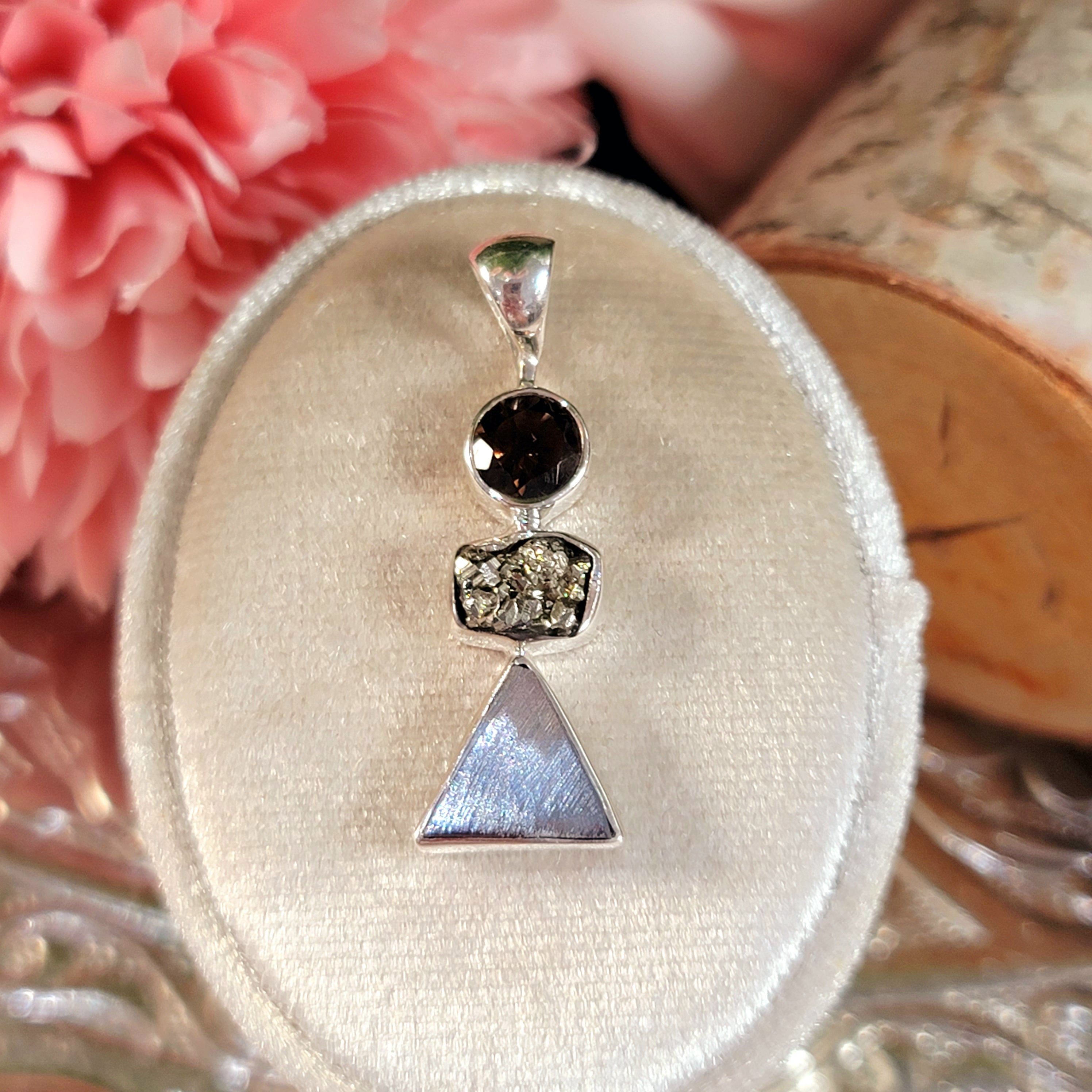 Meteorite, Pyrite & Smokey Quartz Pendant .925 Sterling Silver for Prosperity and Protection on your Path