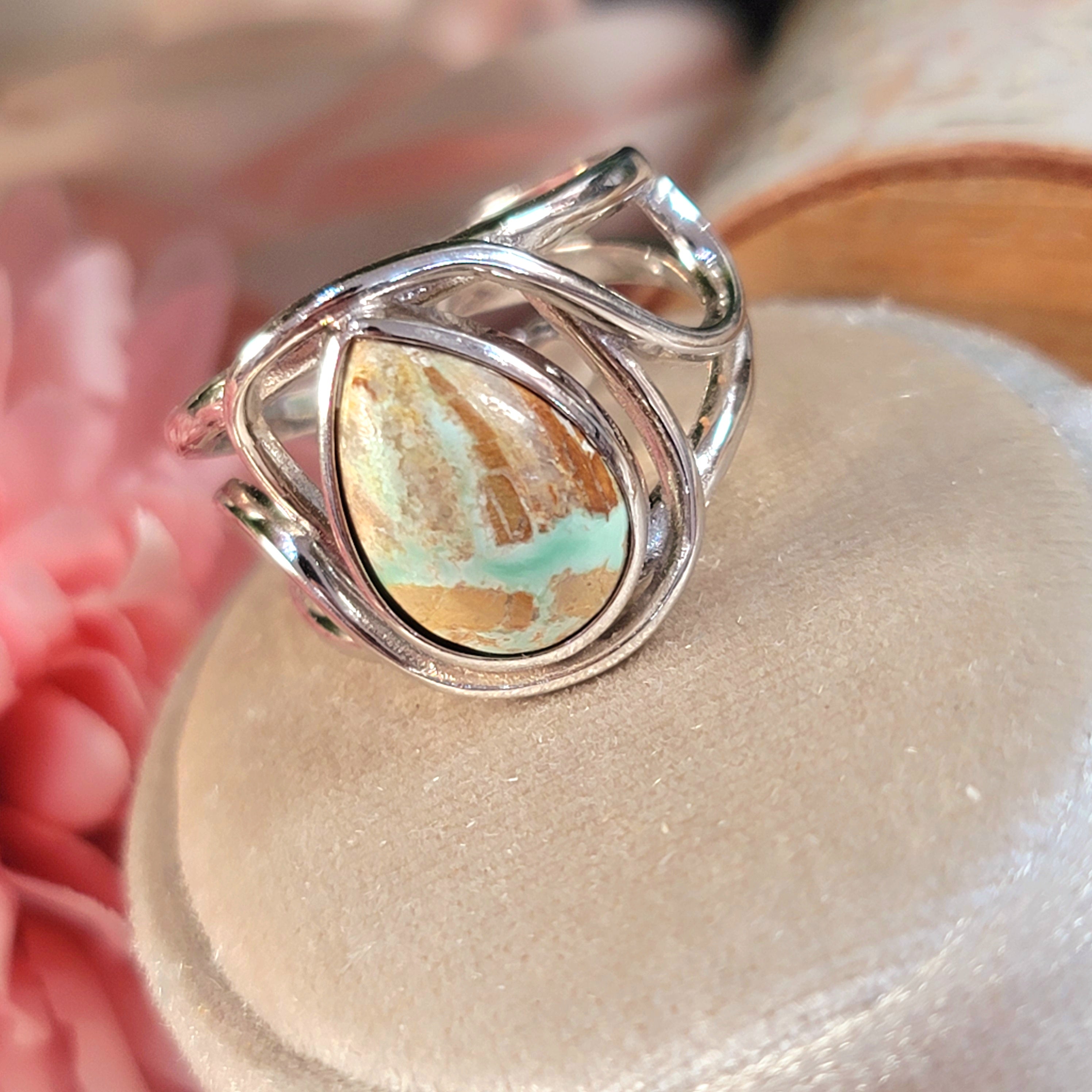 Lucin Variscite Finger Bracelet Adjustable Ring .925 Silver for Emotional Healing, Joy, Love and Prosperity