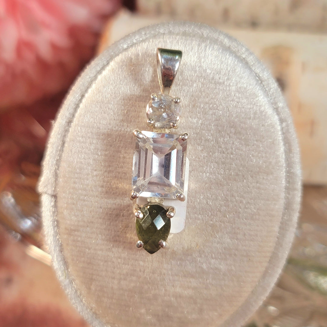 Moldavite x White Topaz .925 Silver Pendant for Creating Your Dream Li