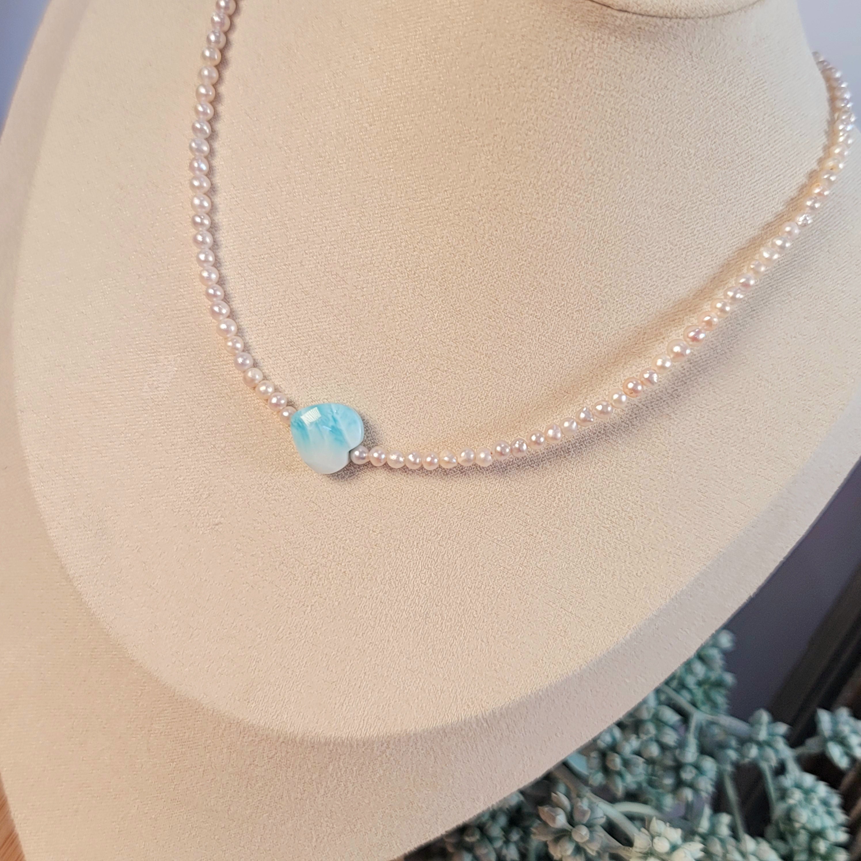 Freshwater Pearl with Larimar Choker/Layering Necklace for Abundance, Honesty and Wisdom