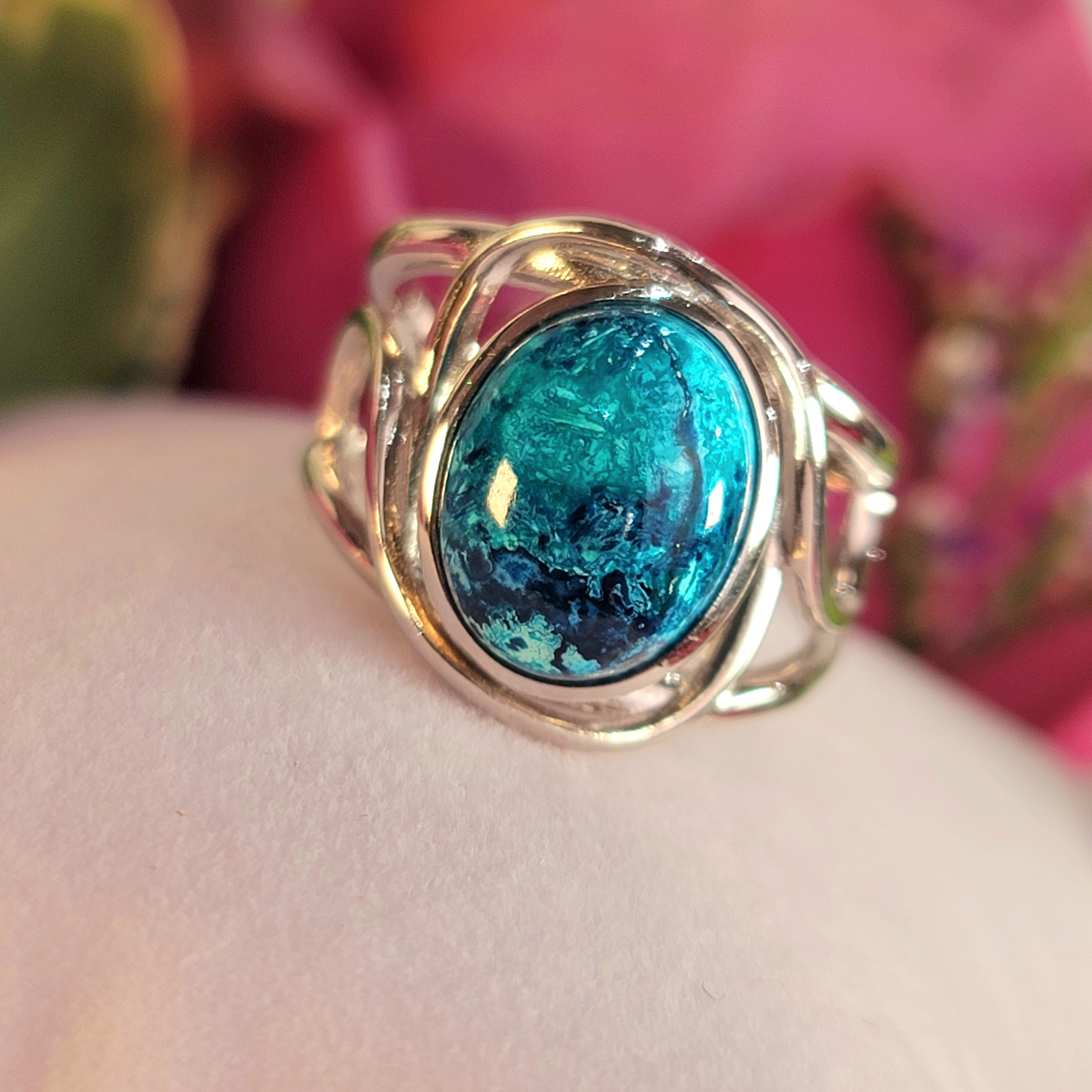 Shattuckite & Chrysocolla Finger Cuff Adjustable Ring .925 Silver for Goddess Energy, Peaceful Communication and Truth