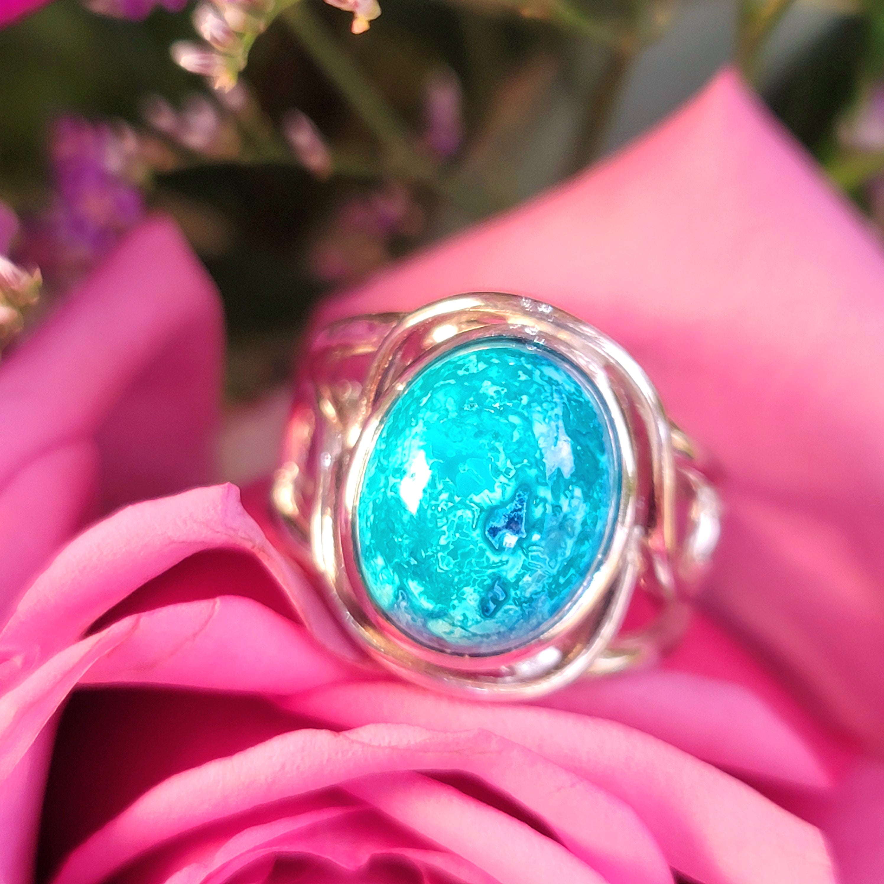 Shattuckite & Chrysocolla Finger Cuff Adjustable Ring .925 Silver for Goddess Energy, Peaceful Communication and Truth