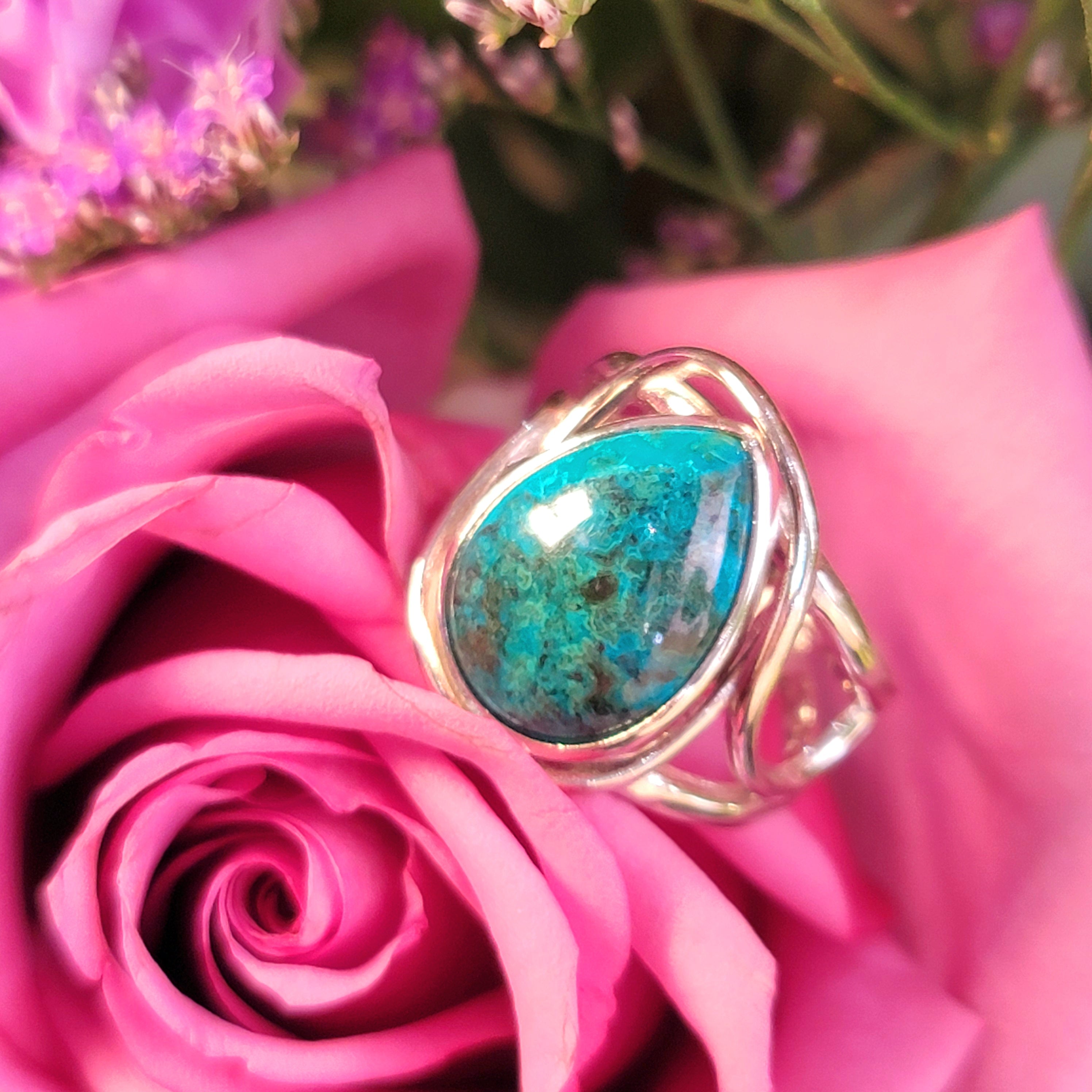 Chrysocolla & Malachite Finger Cuff Adjustable Ring for Communication, Empowerment, and Truth