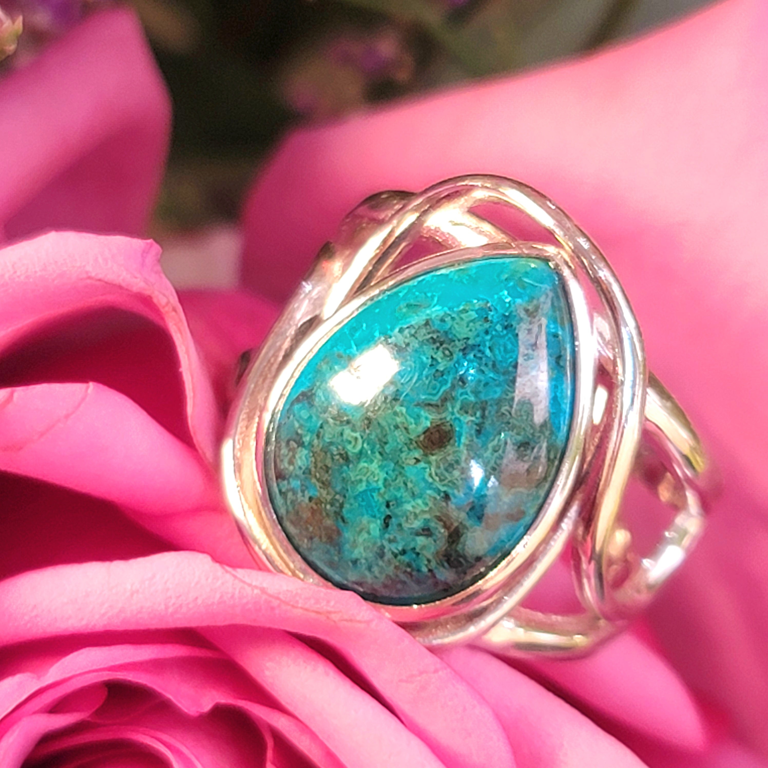 Chrysocolla & Malachite Finger Cuff Adjustable Ring for Communication, Empowerment, and Truth