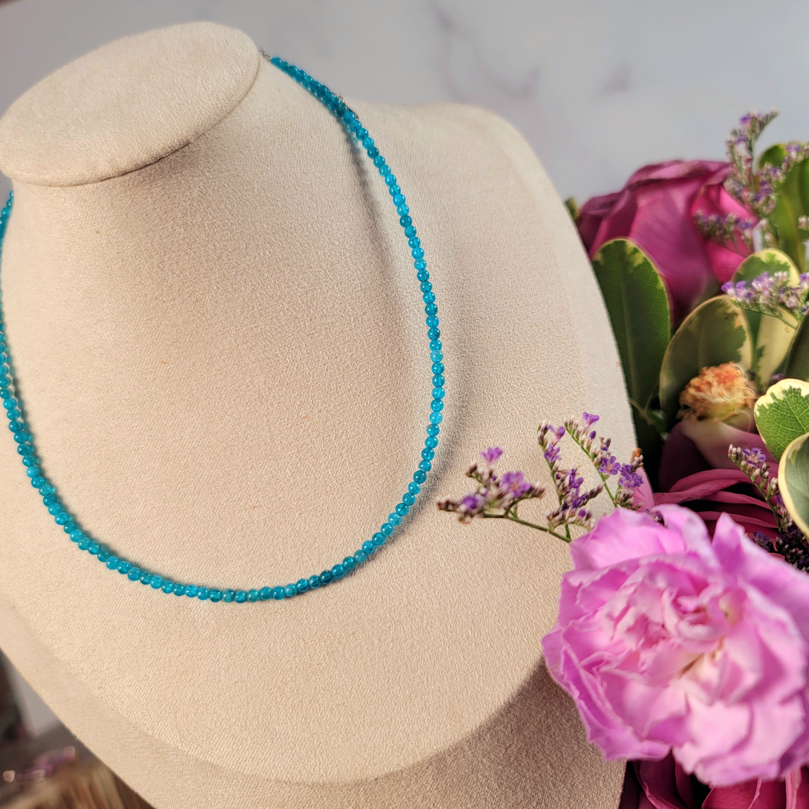 Blue Apatite Micro Round Choker/Layering Necklace for Promoting Clarity, Guidance & Unconditional Love