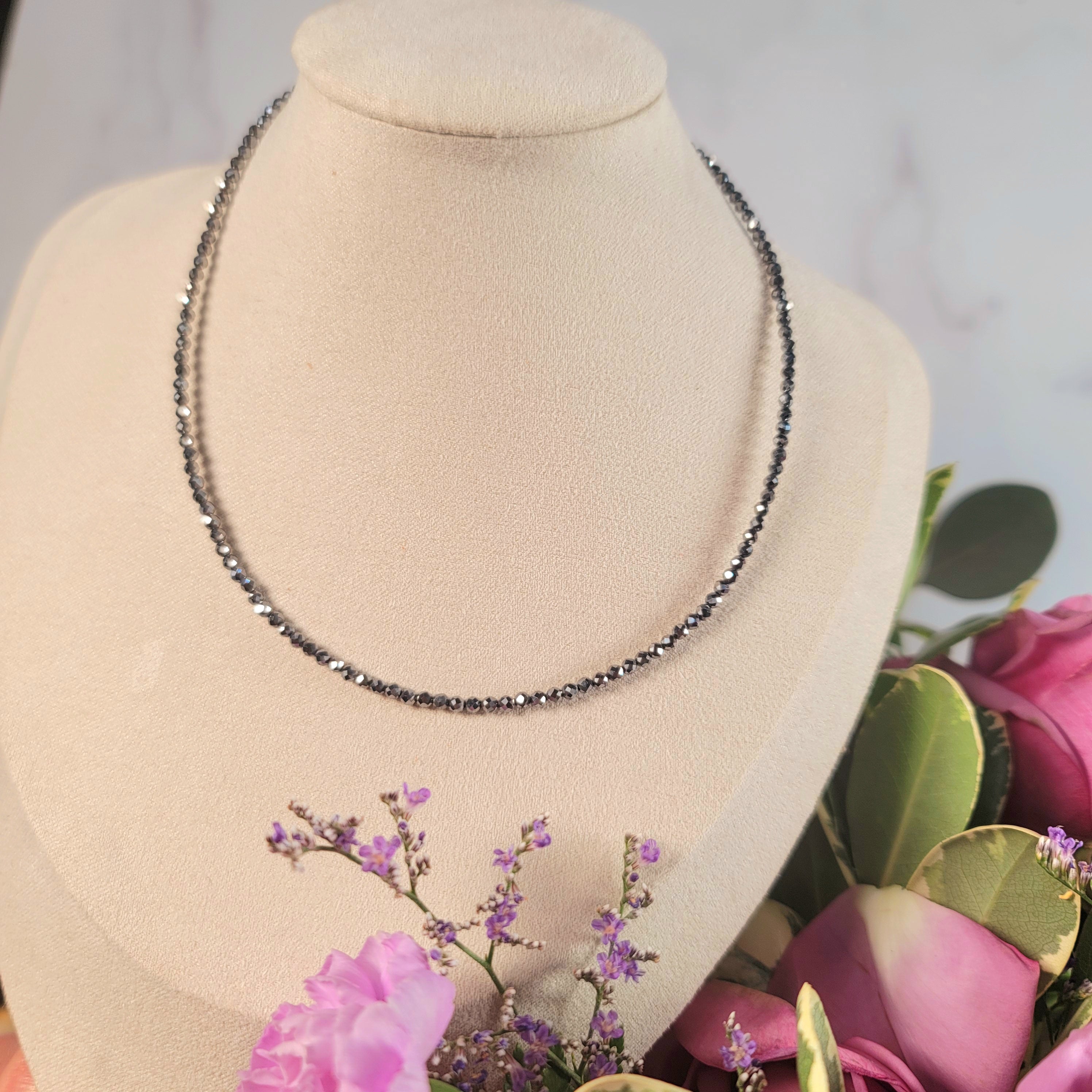 Hematite Micro Faceted Choker/Layering Necklace .925 Silver for Manifestation of Dreams into Reality