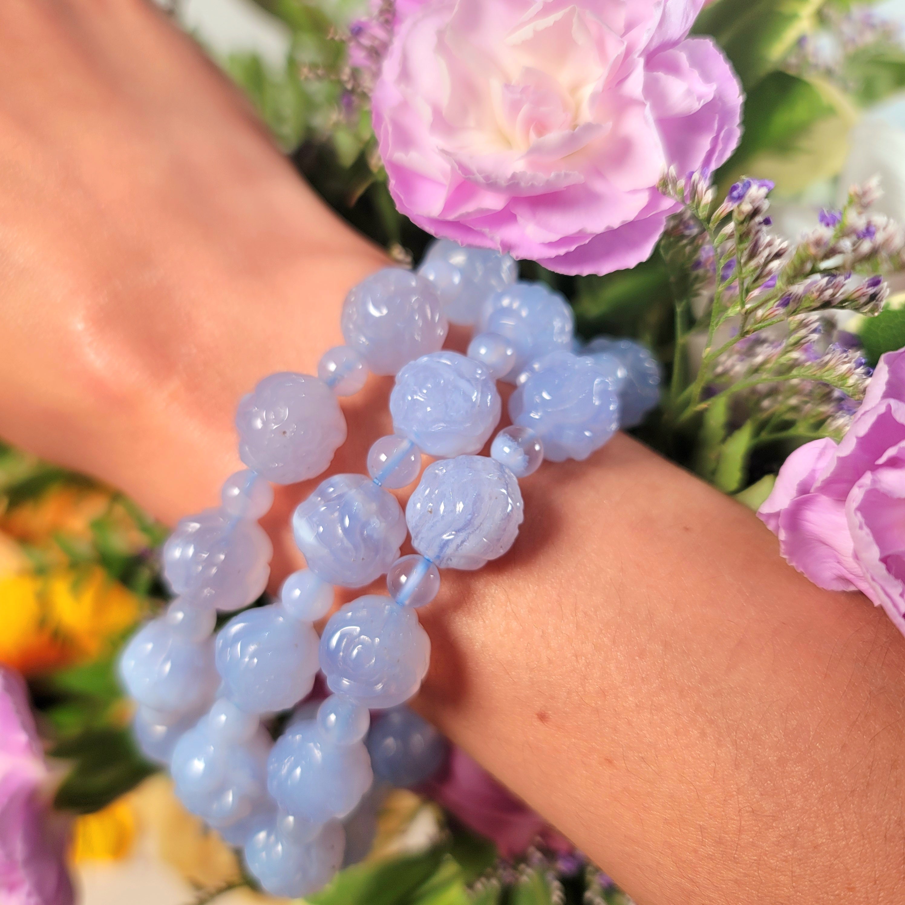 Blue Lace Agate Lotus Bracelet for Anxiety and Stress Relief