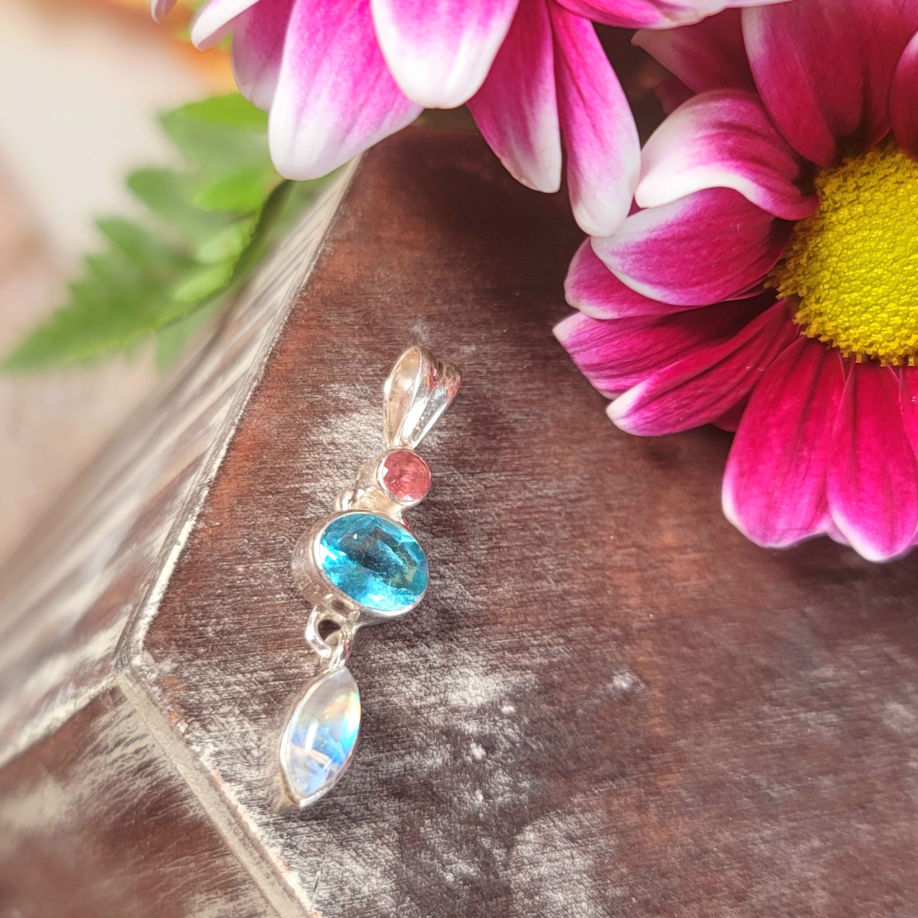 Rainbow Moonstone x Pink Tourmaline x Blue Apatite Pendant .925 Silver for New Beginnings and Goddess Energy