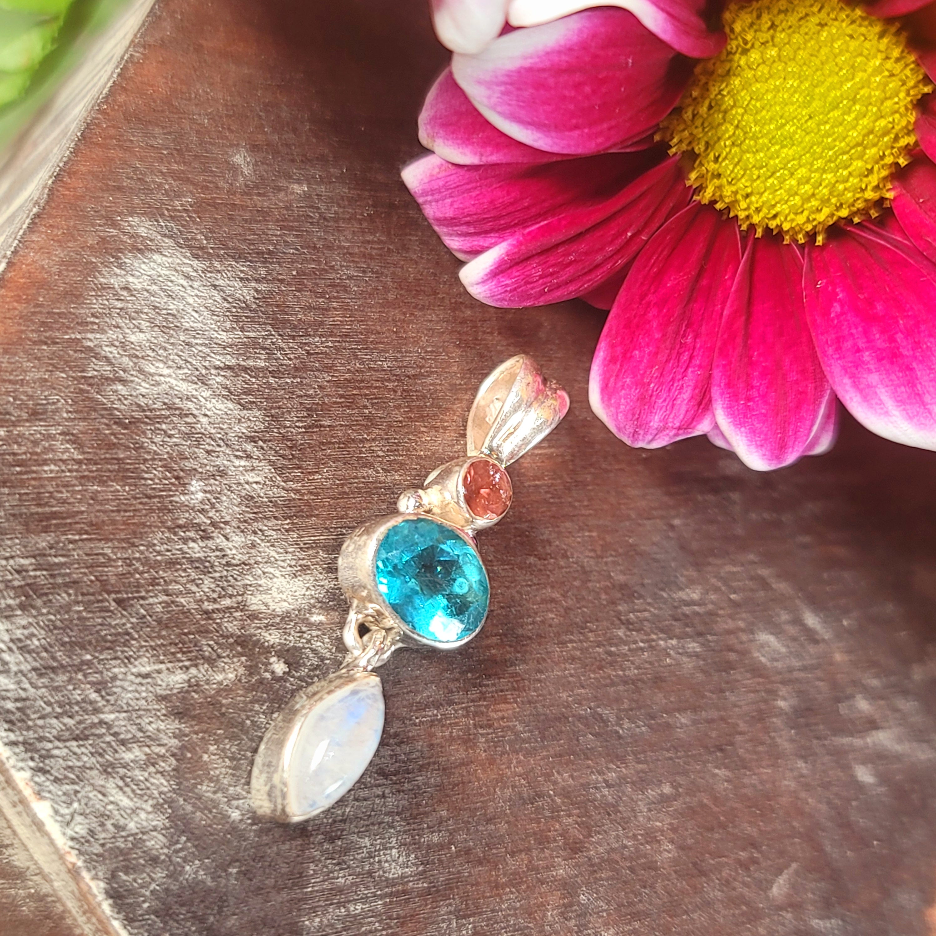 Rainbow Moonstone x Pink Tourmaline x Blue Apatite Pendant .925 Silver for New Beginnings and Goddess Energy