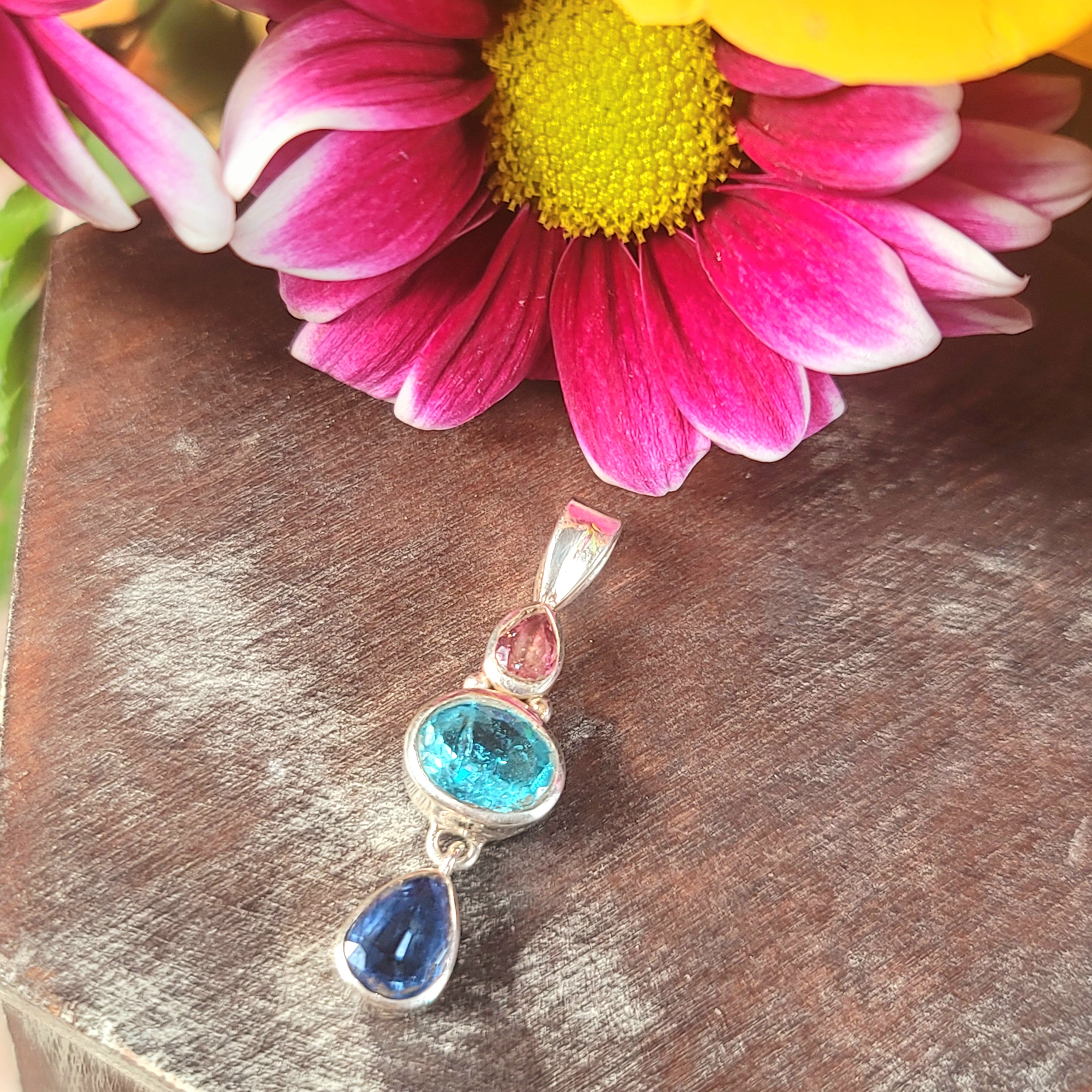 Blue Kyanite x Blue Apatite X Pink Tourmaline .925 Silver Pendant for Support on a New Beginning