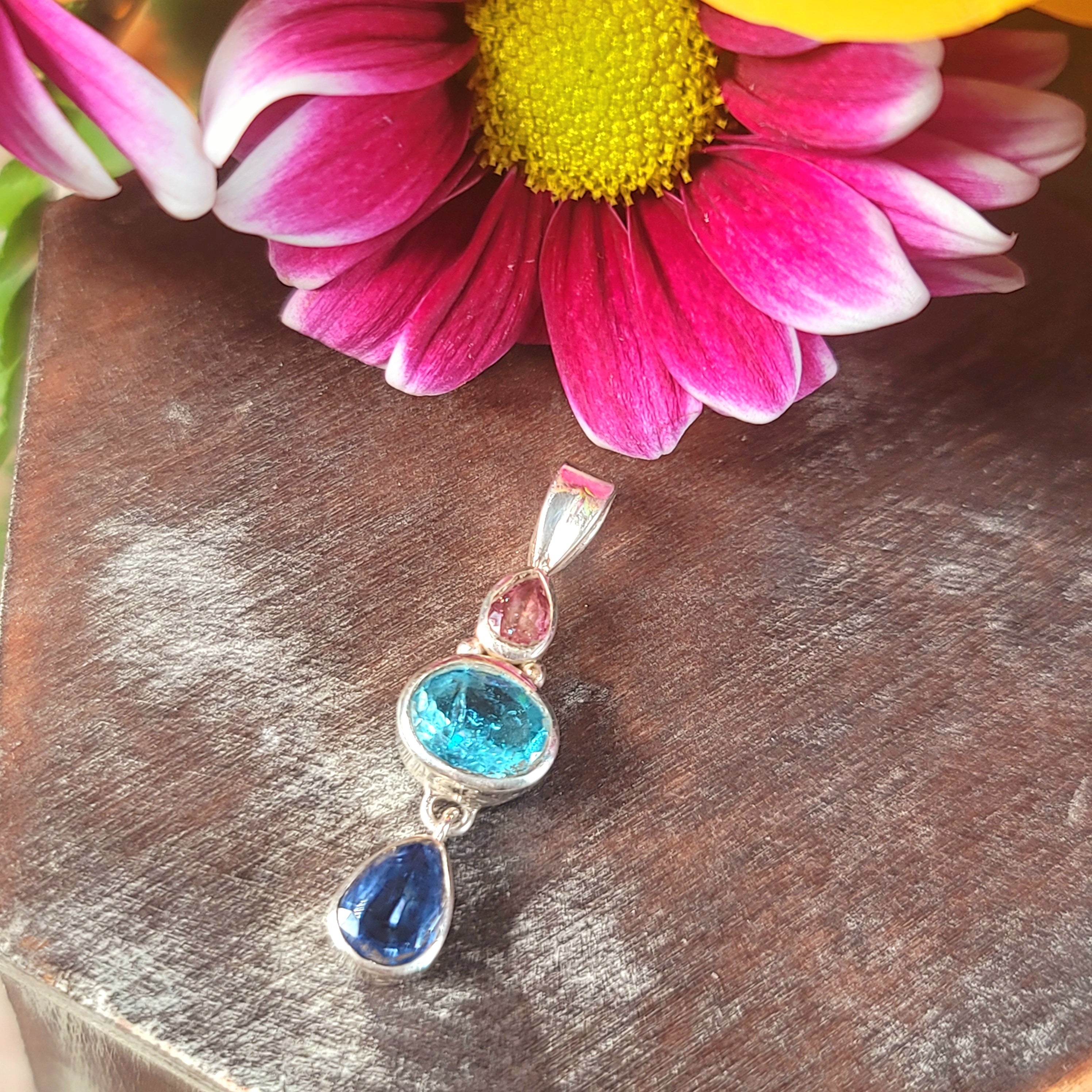 Blue Kyanite x Blue Apatite X Pink Tourmaline .925 Silver Pendant for Support on a New Beginning