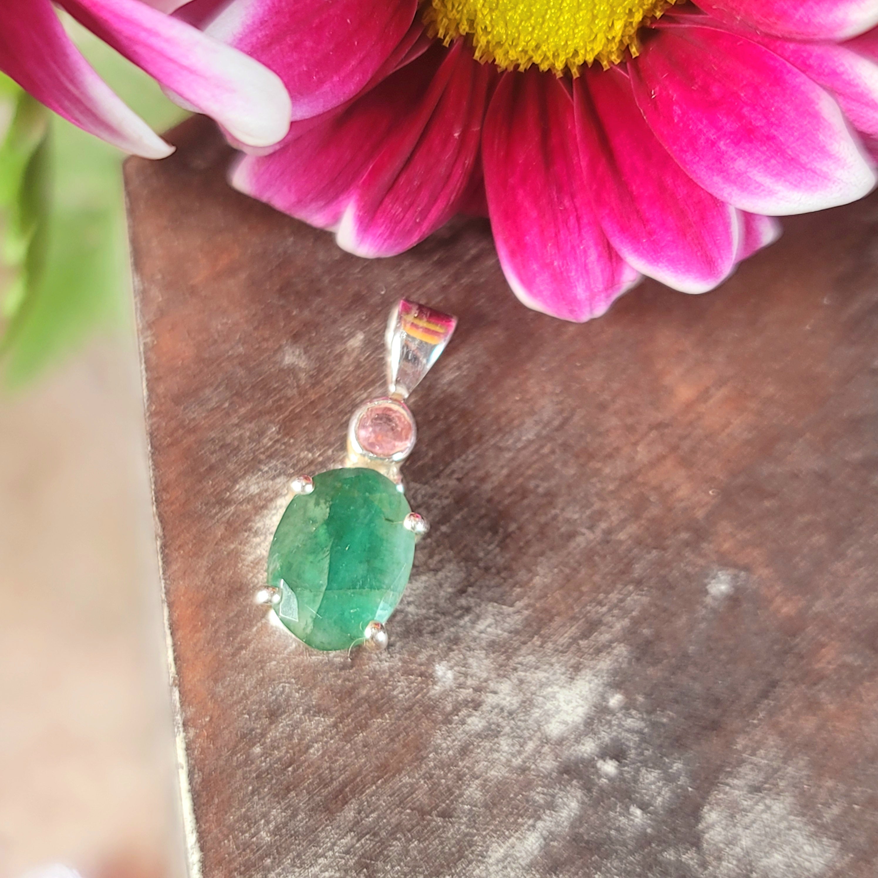 Emerald x Pink Tourmaline Pendant .925 Silver for Abundance of Joy, Love and Romance