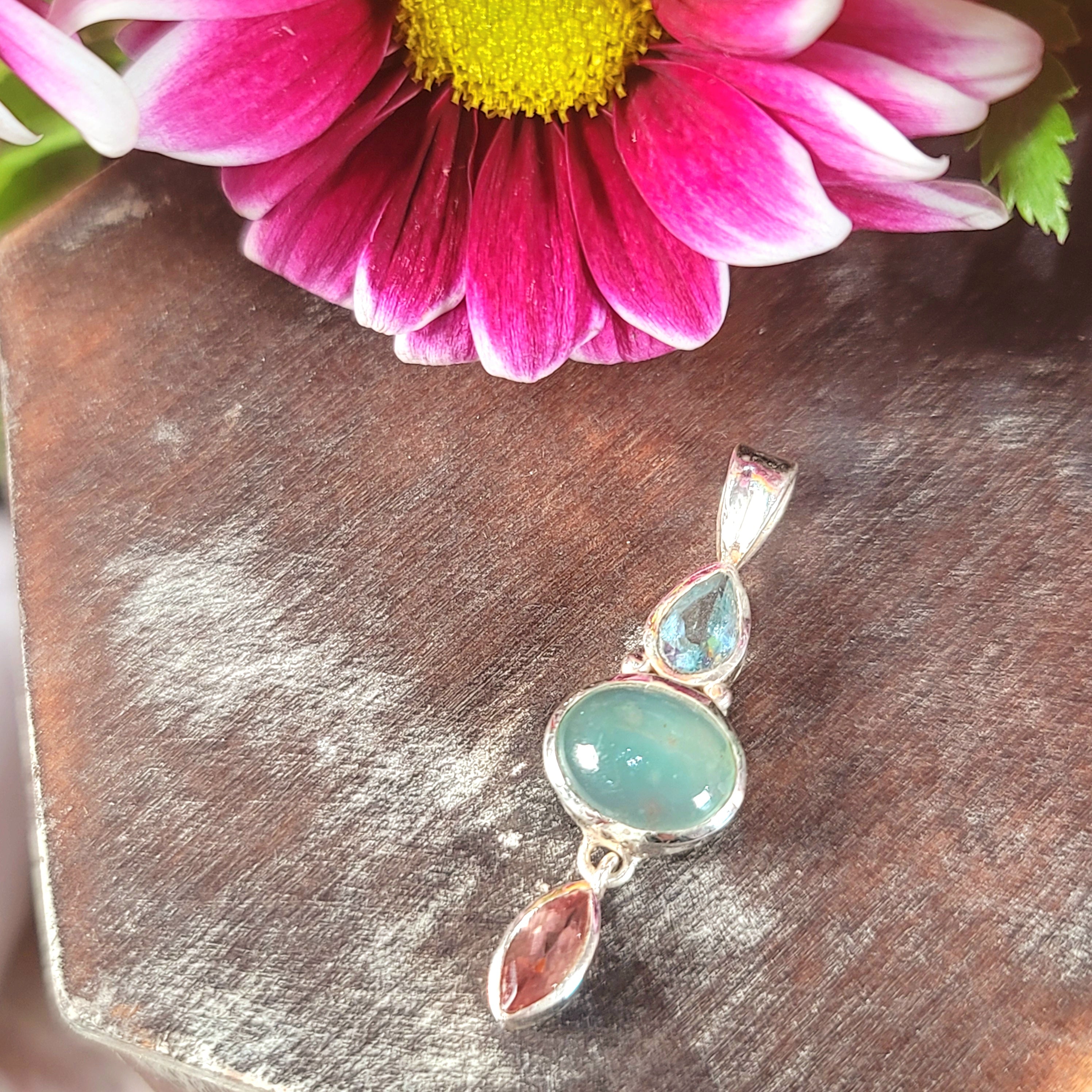 Blue Apatite x Aquamarine x Pink Tourmaline Pendant .925 Silver for Expressing your Heart's Desires