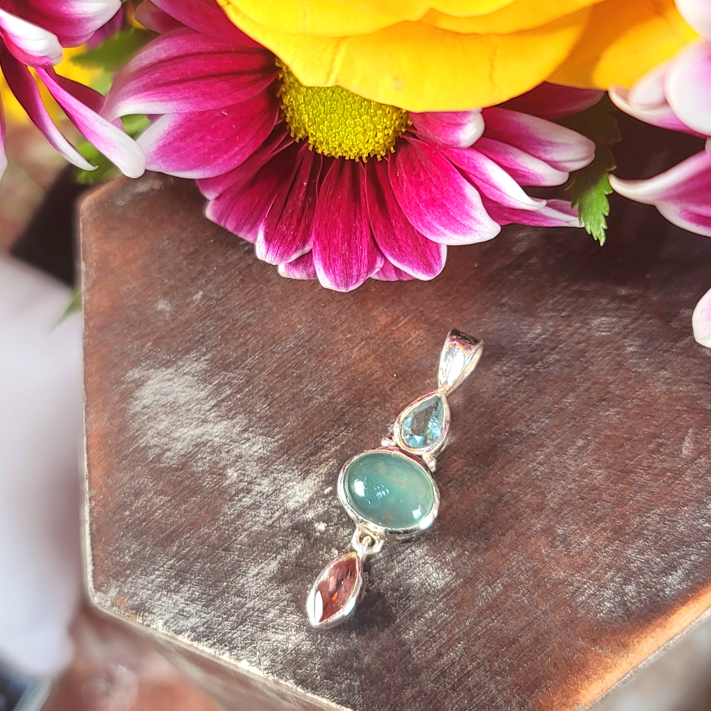 Blue Apatite x Aquamarine x Pink Tourmaline Pendant .925 Silver for Expressing your Heart's Desires
