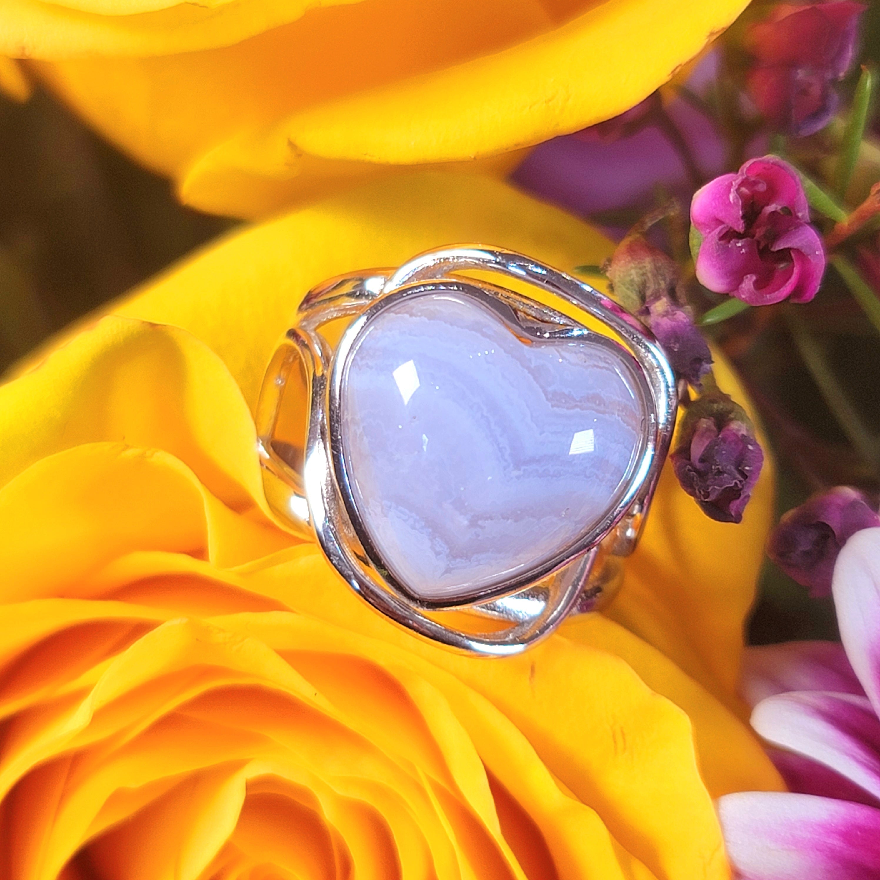 Blue Lace Agate Heart Adjustable Finger Cuff Ring .925 Silver for Soothing Emotions and Improving Communication