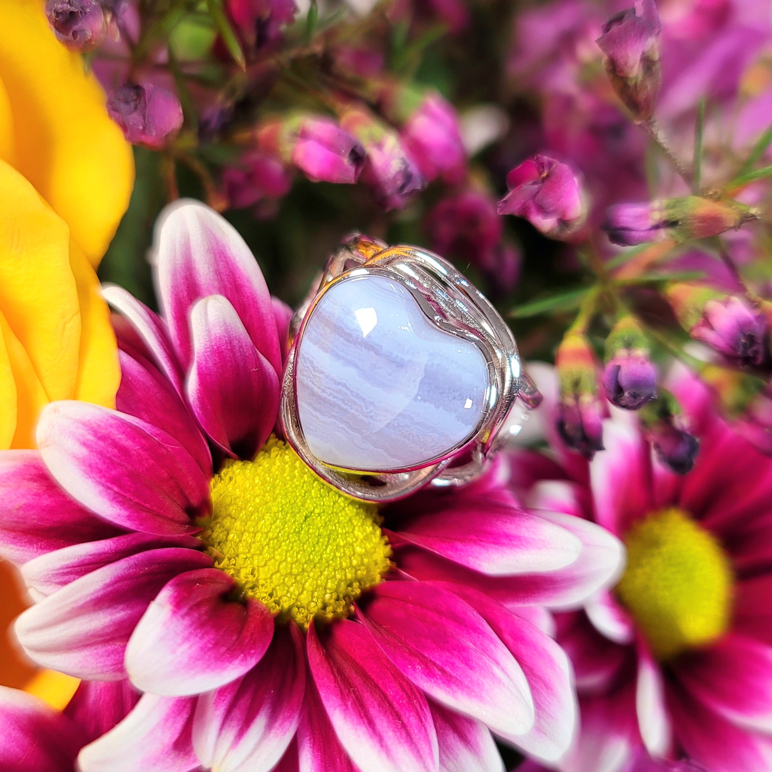 Blue Lace Agate Heart Adjustable Finger Cuff Ring .925 Silver for Soothing Emotions and Improving Communication