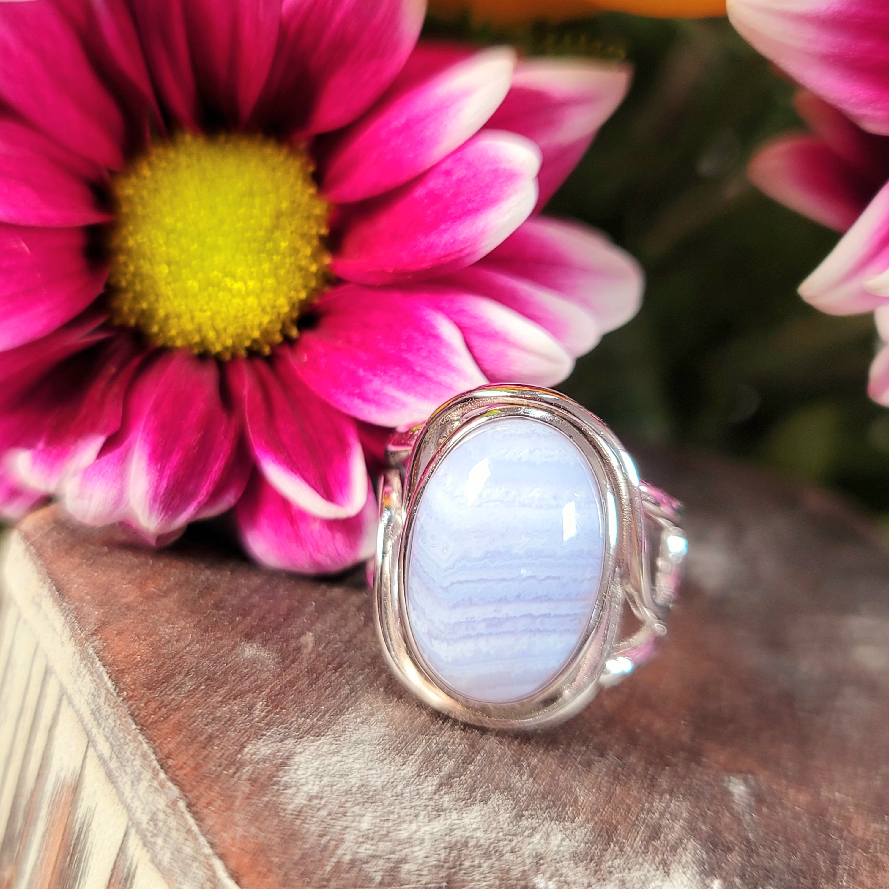 Blue Lace Agate Adjustable Finger Cuff Ring .925 Silver for Soothing Emotions and Improving Communication