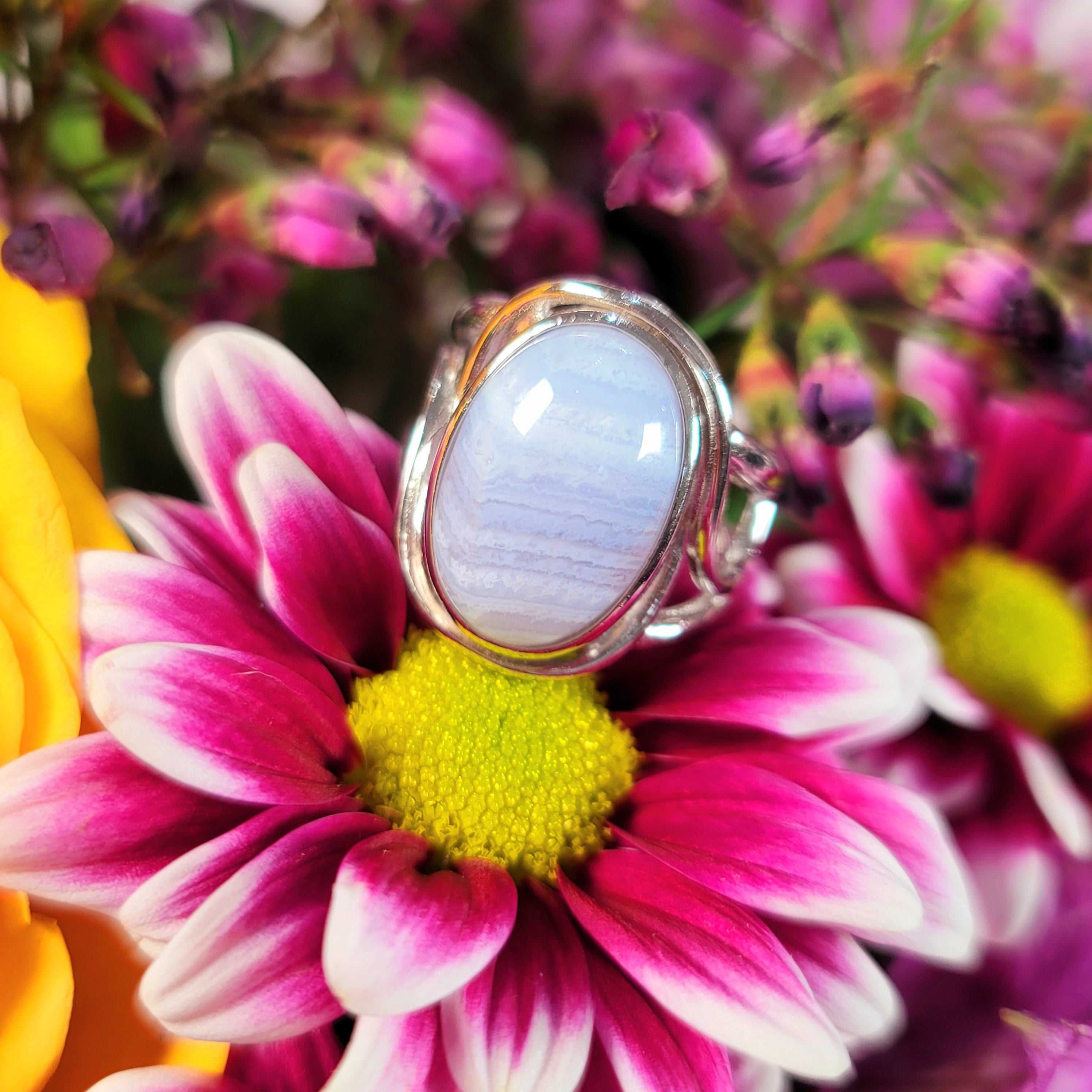 Blue Lace Agate Adjustable Finger Cuff Ring .925 Silver for Soothing Emotions and Improving Communication