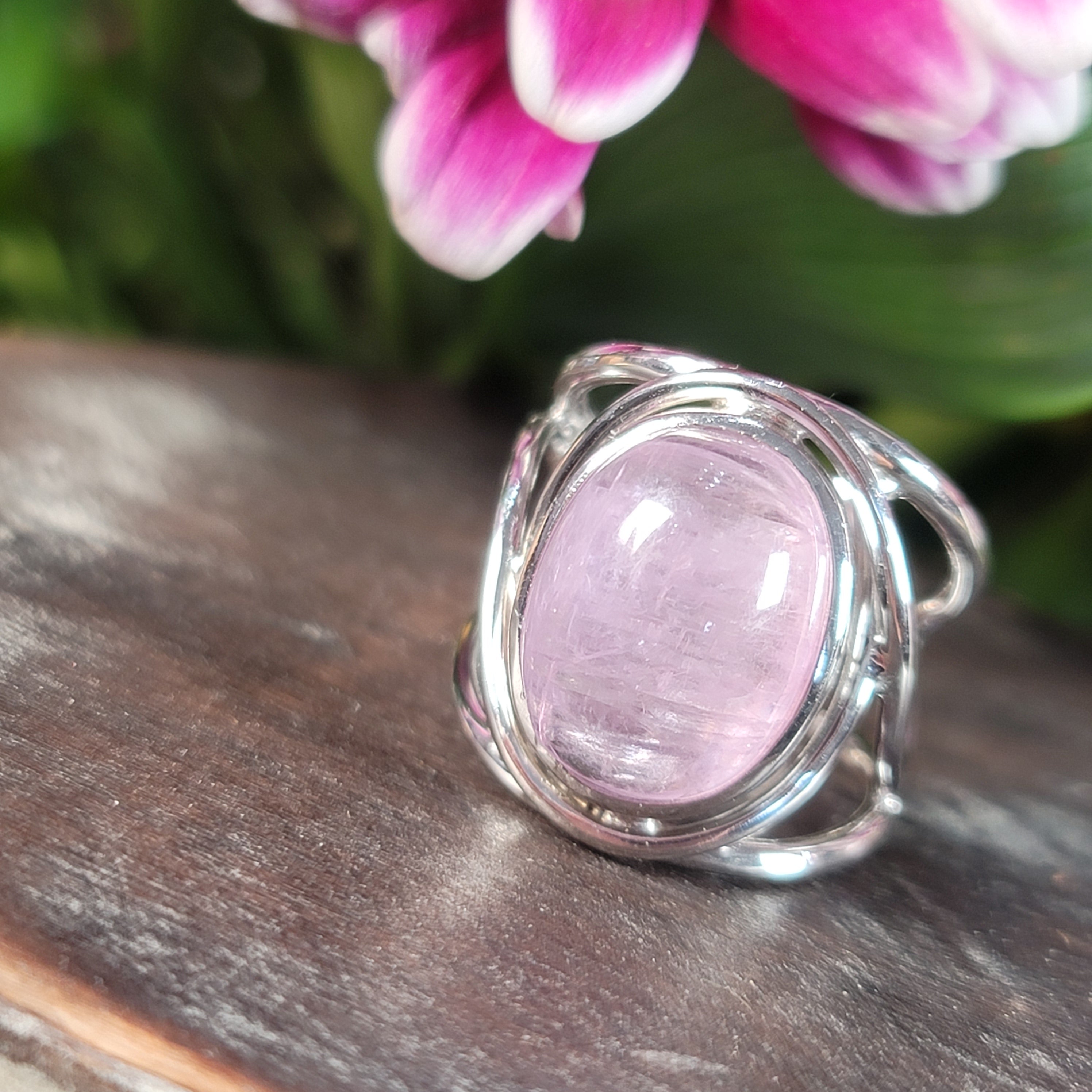 Kunzite Finger Cuff Adjustable Ring .925 Silver for Emotional Healing, Joy and Love