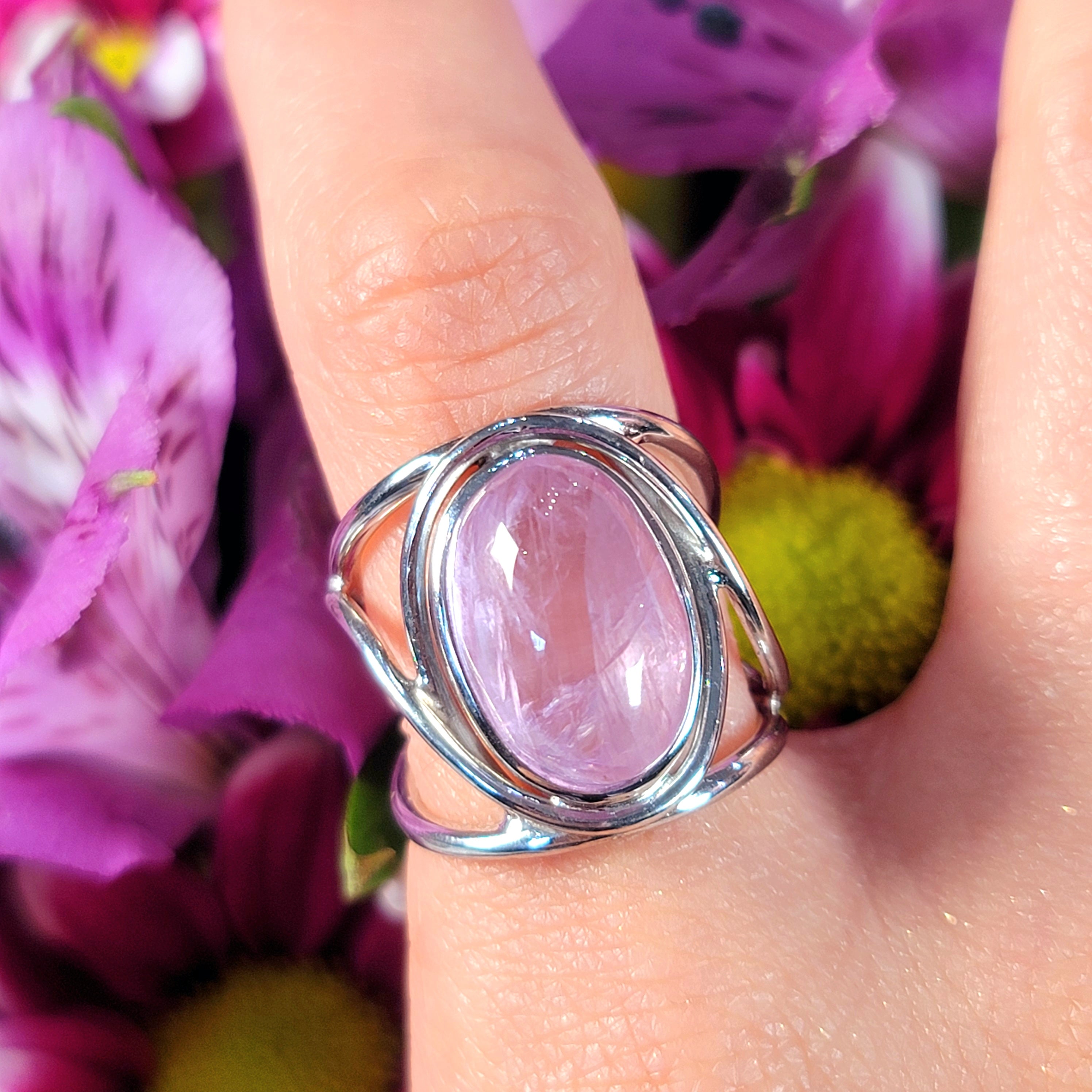 Kunzite Finger Cuff Adjustable Ring .925 Silver for Emotional Healing, Joy and Love