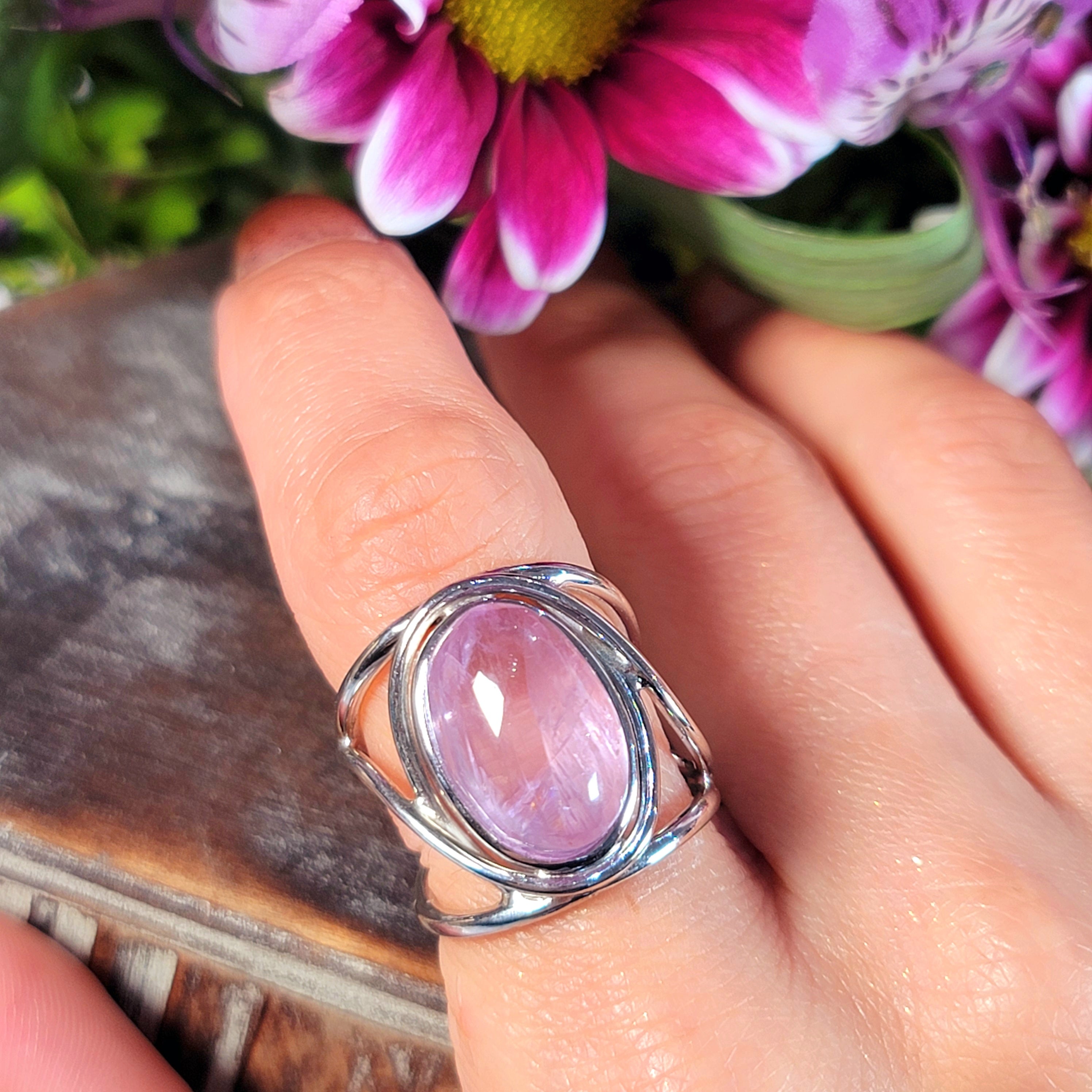 Kunzite Finger Cuff Adjustable Ring .925 Silver for Emotional Healing, Joy and Love