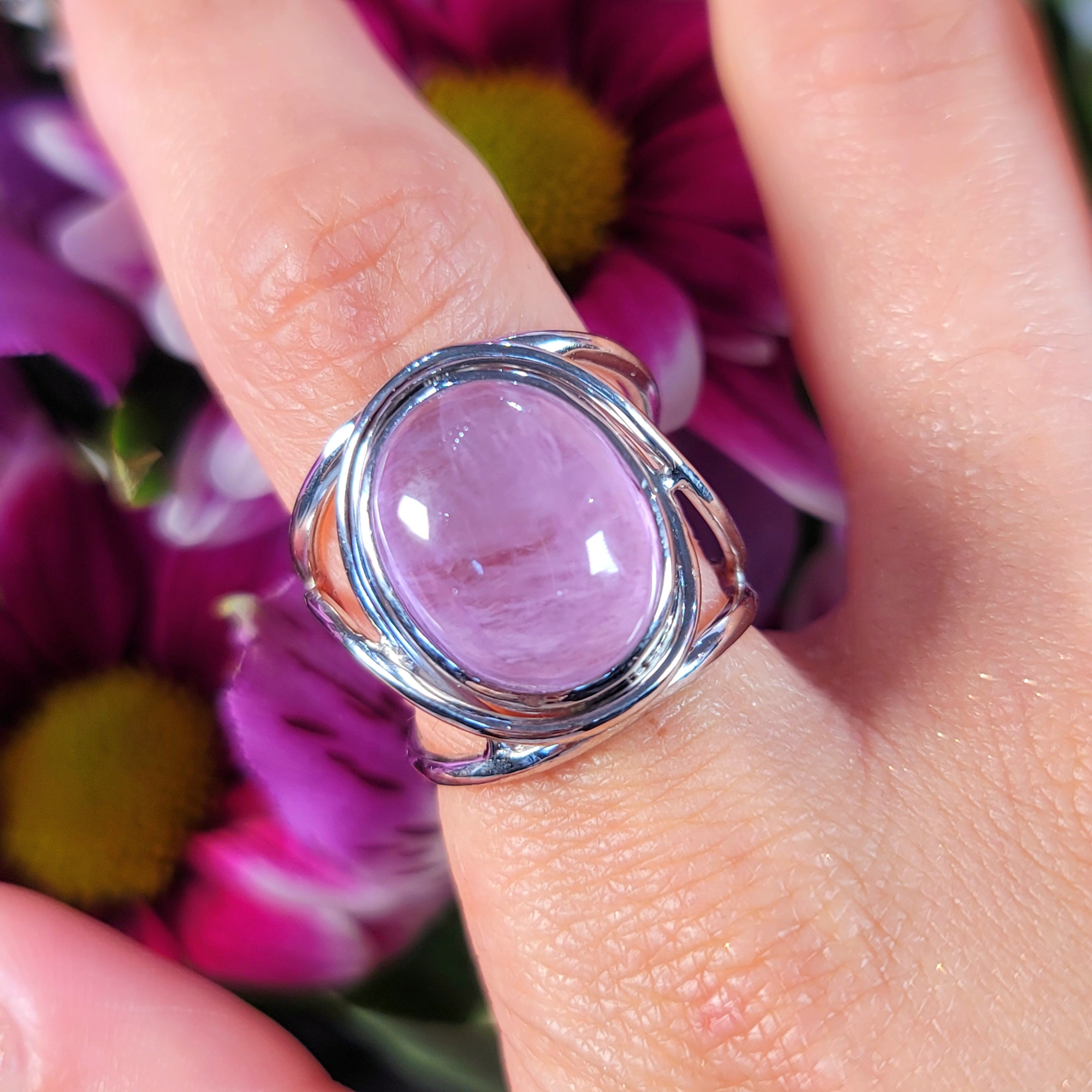 Kunzite Finger Cuff Adjustable Ring .925 Silver for Emotional Healing, Joy and Love