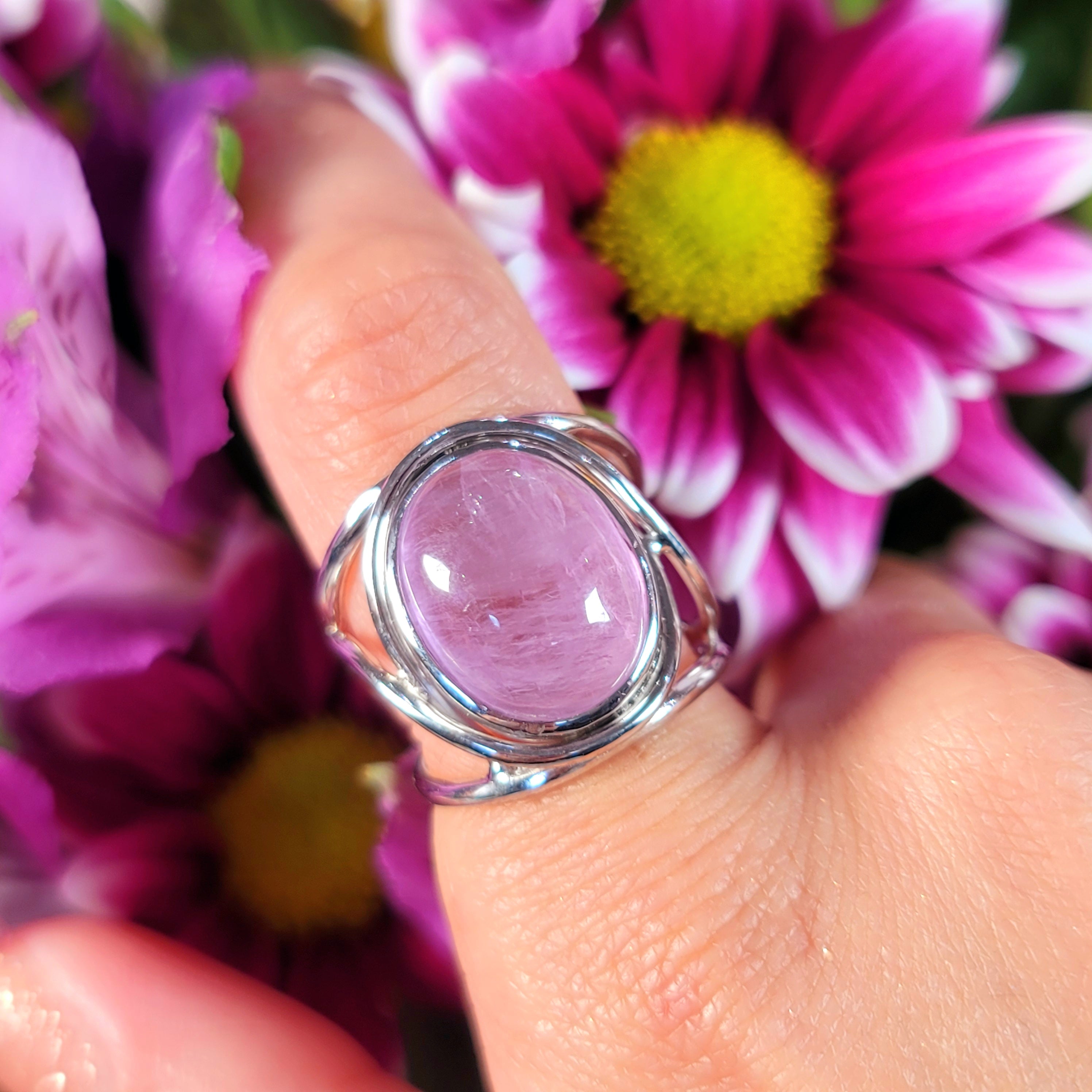 Kunzite Finger Cuff Adjustable Ring .925 Silver for Emotional Healing, Joy and Love