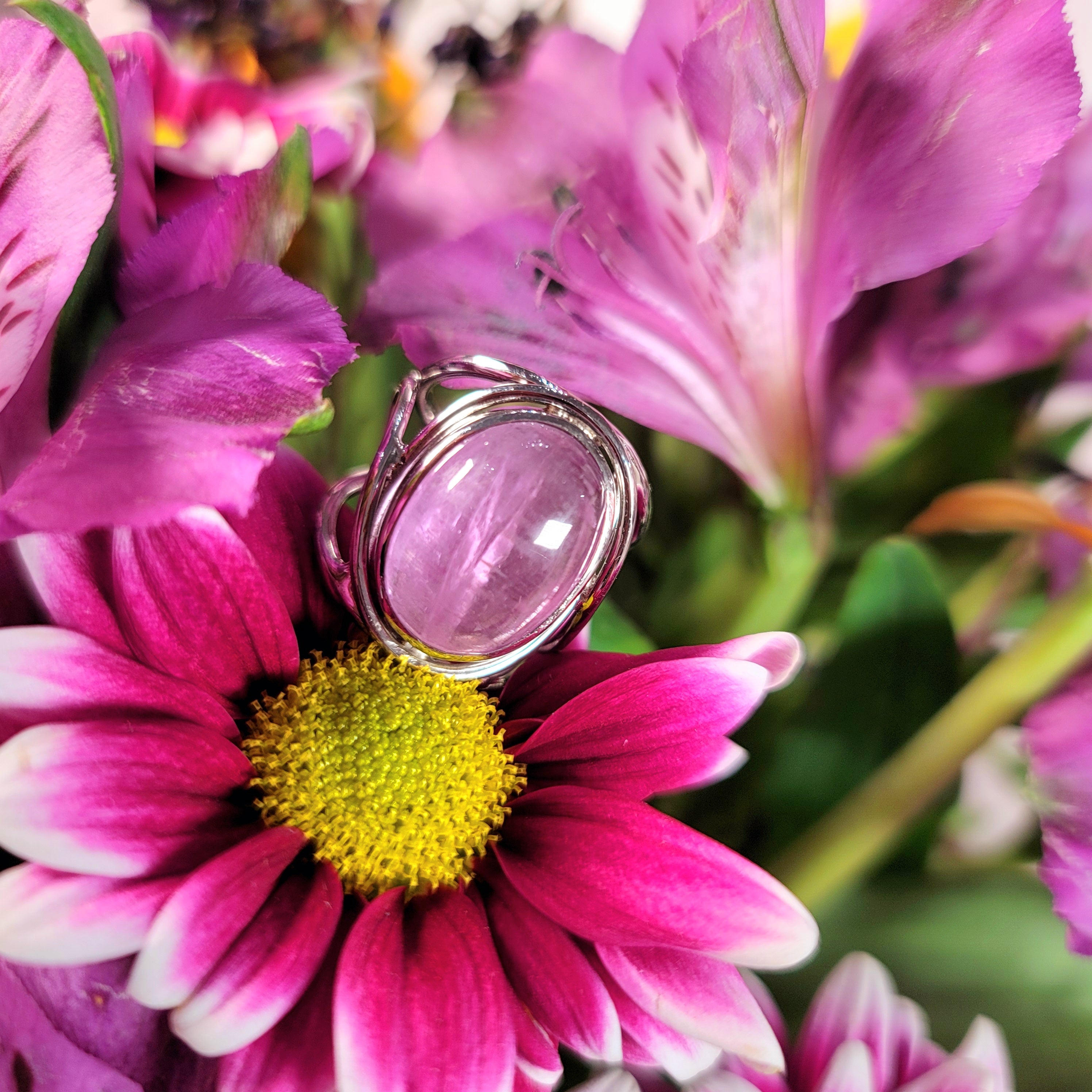 Kunzite Finger Cuff Adjustable Ring .925 Silver for Emotional Healing, Joy and Love