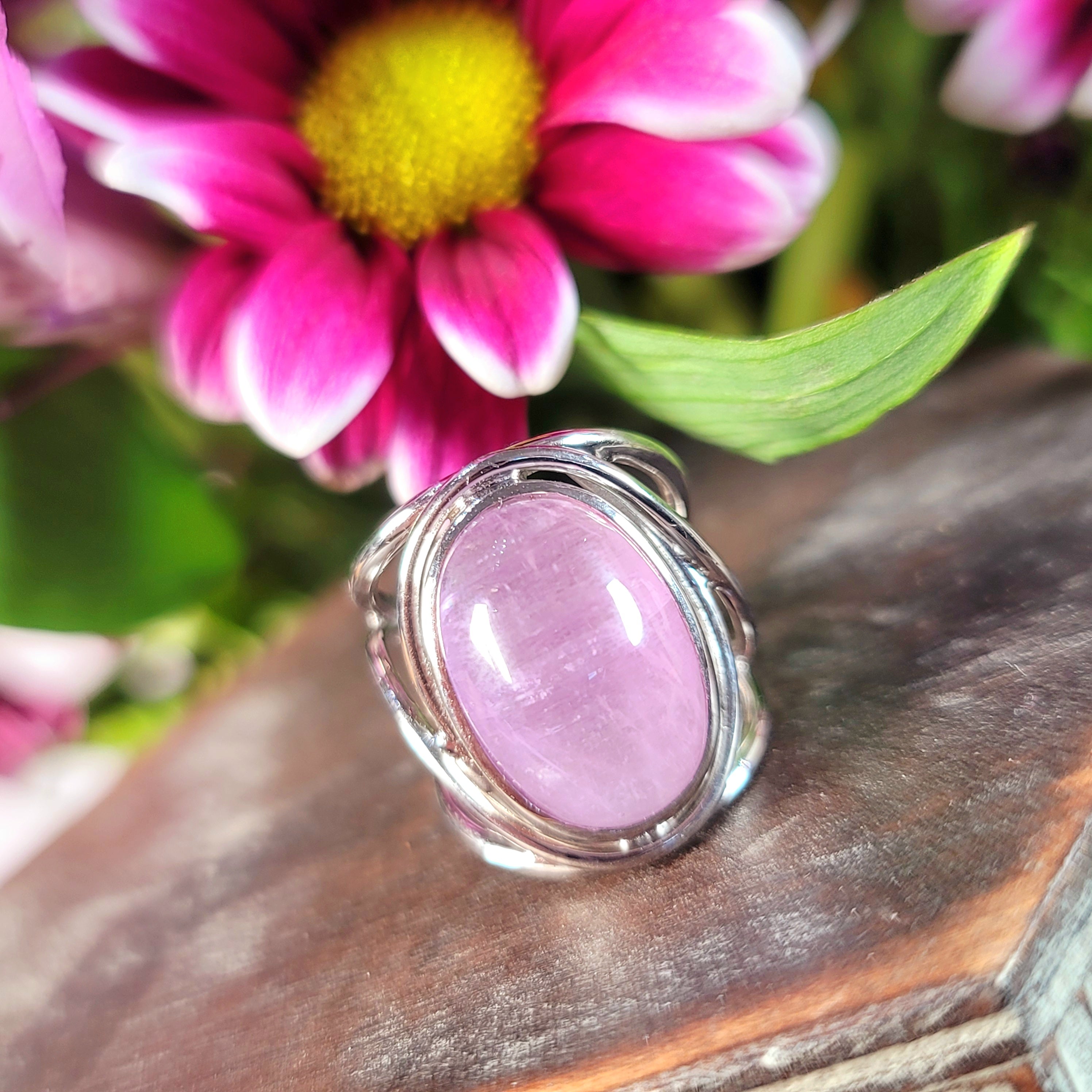 Kunzite Finger Cuff Adjustable Ring .925 Silver for Emotional Healing, Joy and Love